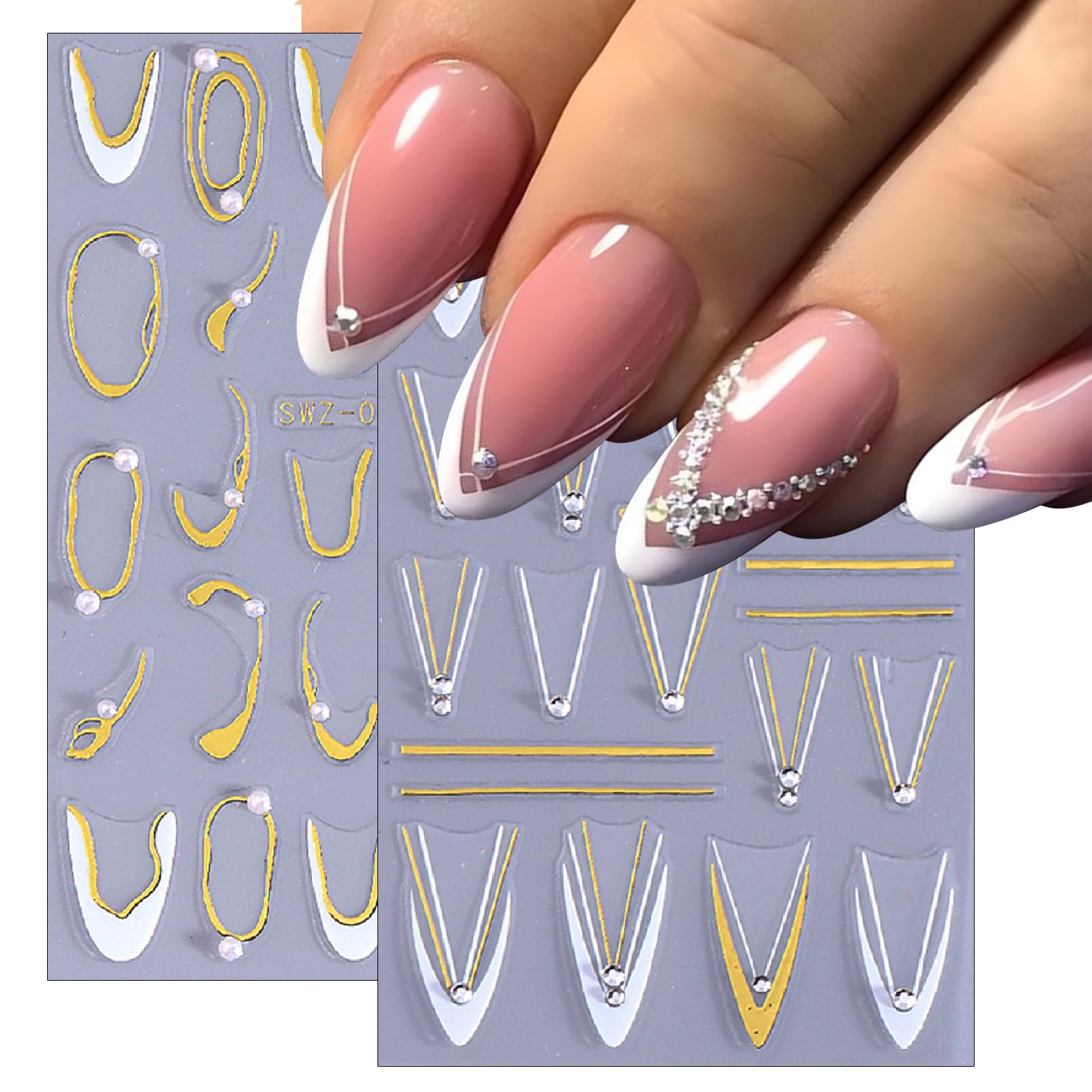 French Line Diamond Nail Art Stickers 3D Self-Adhesive Exquisite Gold and White French V Designs Nail Decals Irregular Metallic French Line Pearls