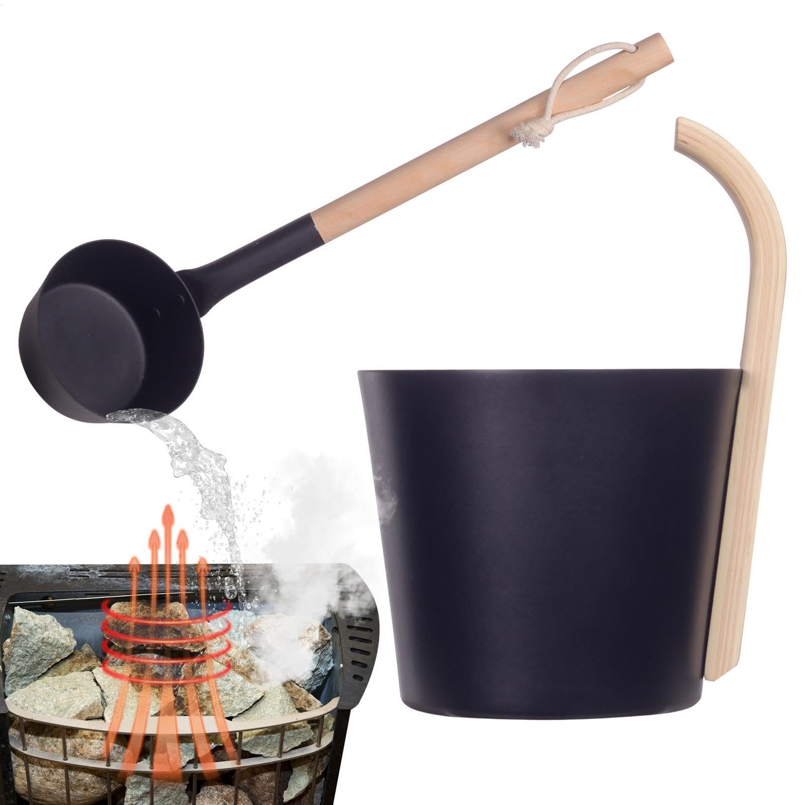 Cubo de sauna de aluminio con cucharón y reloj de - Cubo de sauna de metal - Juego de cubo de infusión 3 piezas. Cubo de sauna - Cubo ligero con mango de bambú - Negro Natural, lujoso cubo de al