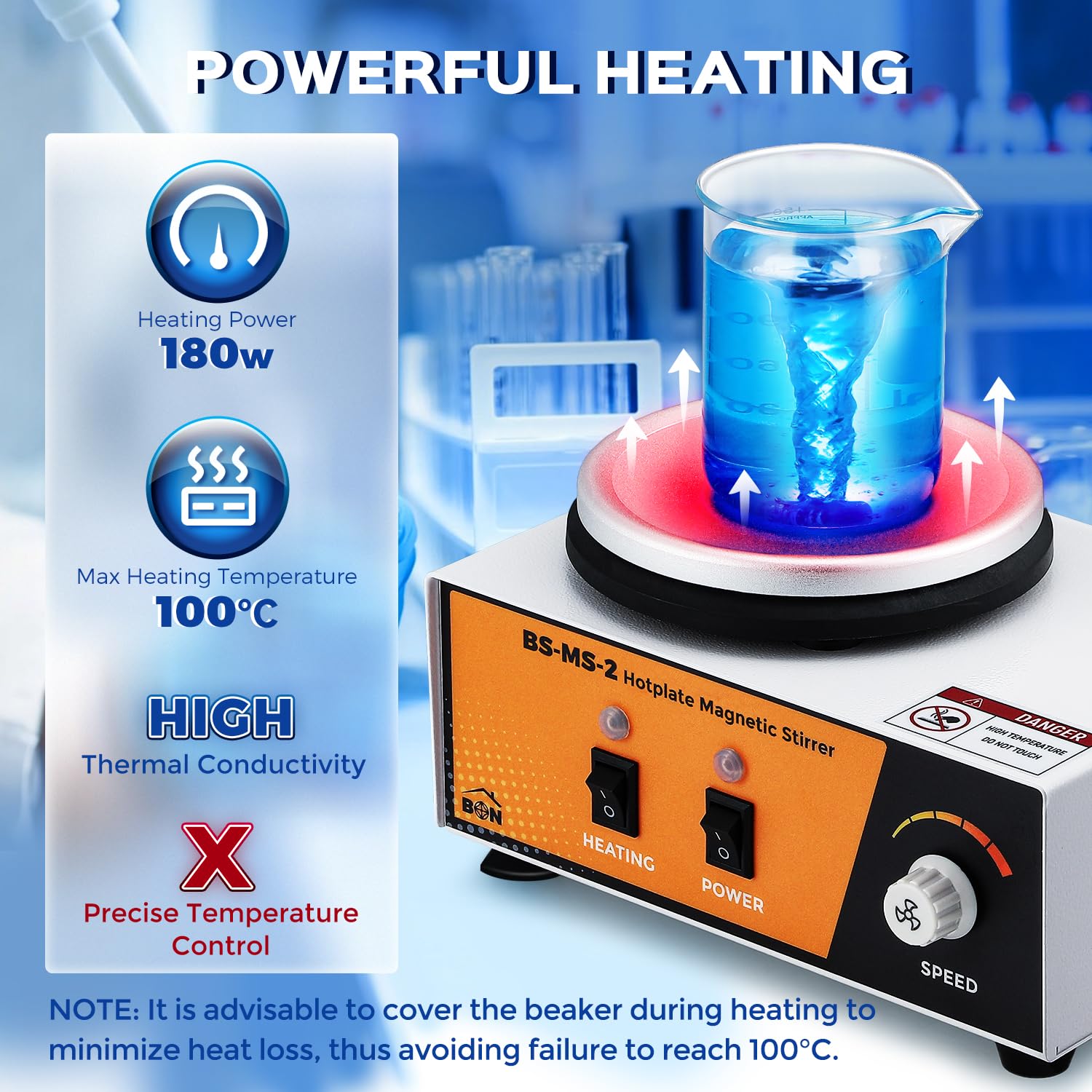 Bonvoisin Agitatore Magnetico con Piastra Riscaldante, Mixer da Laboratorio da 2L 0-2600rpm 100℃ con Asta di Supporto Sensori Flessibile, 120 * 120mm 180W Potenza di Riscaldamento (EU)