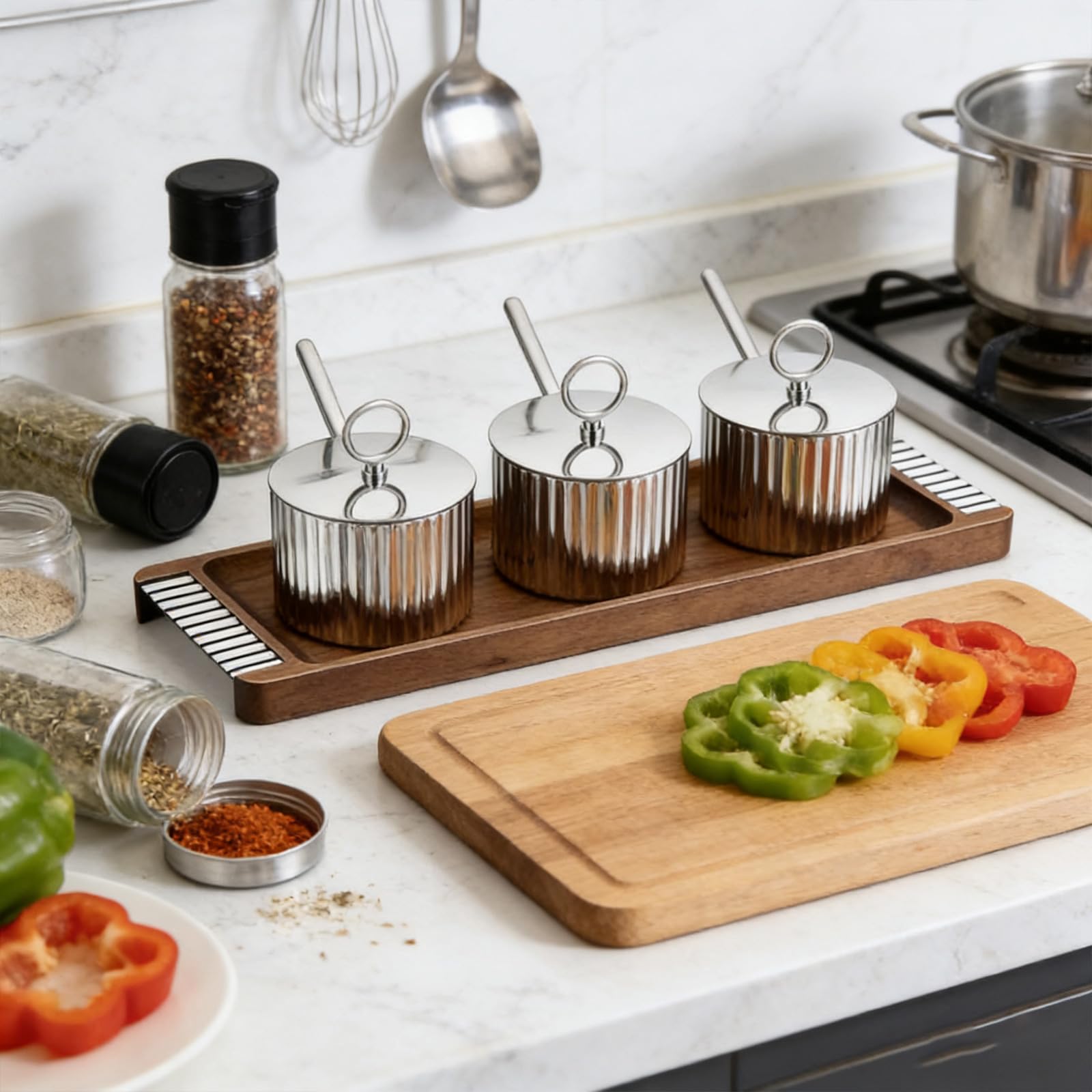 Collezione di contenitori per condimenti dal design moderno per sale e zucchero e caratteristica aspetto elegante per migliorare l'arredamento della cucina fornendo una soluzione pratica per