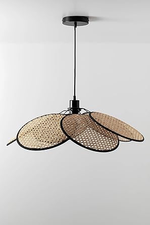 AKWAY wicker rattan hanging lamp cane webbing bamboo seagrass premium ceiling light (Flower Shape)(Black)(Blub not Included)
