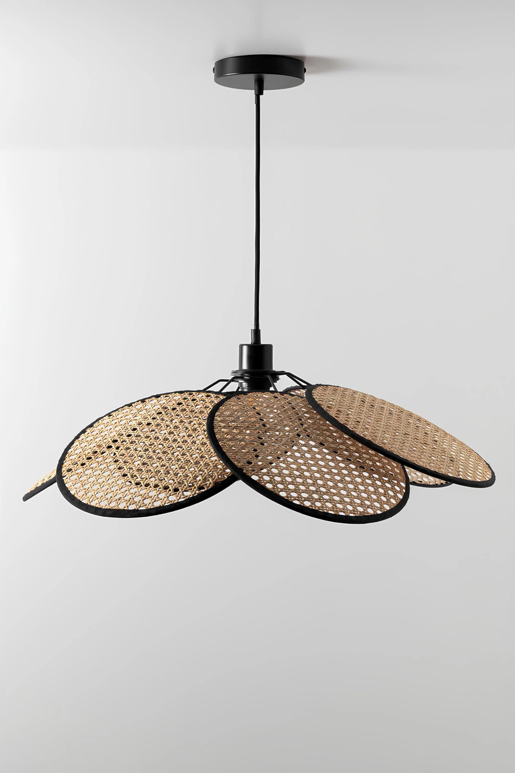 AKWAY Rattan Hanging lamp for Living Room | Bamboo Hanging Light for Bedroom | Cane Wicker Pendant lamp for Home Decoration (Bulb not Included) (Black Flower)