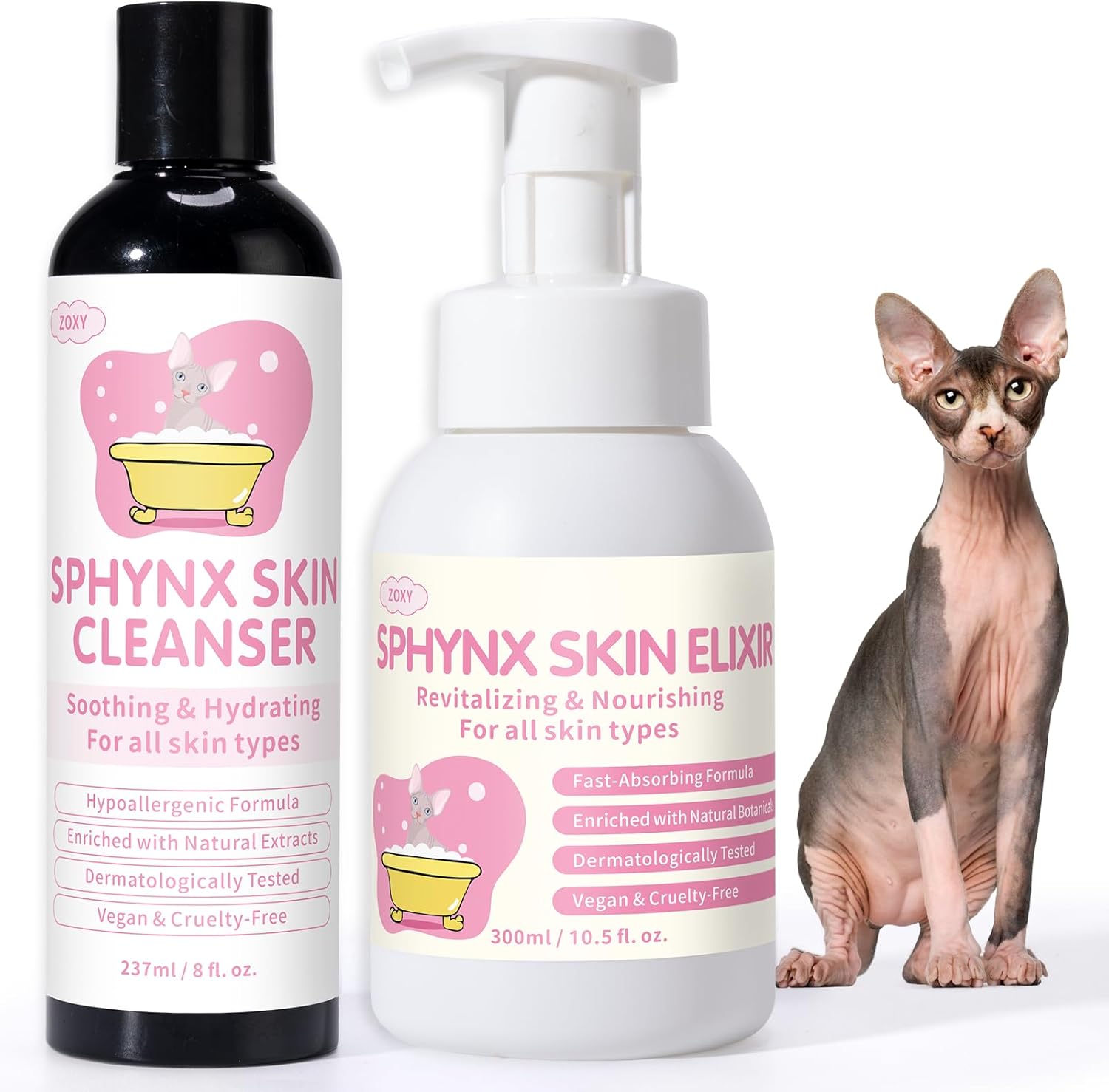 Sphynx Cat Skin Care Duo | Hypoallergenic Shampoo & Conditioner for Hairless Cats | Relieves Dry, Itchy Skin, Moisturizing | Veterinarian Approved, 2 Bottles