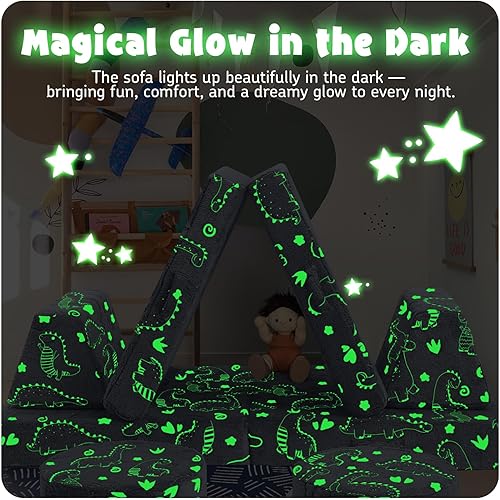 Miniatura 6 de Sofá modular para niños MeMoreCool  Sofá de dinosaurio de 8 piezas que brilla en la oscuridad para niños pequeños convertible en fuerte constructor