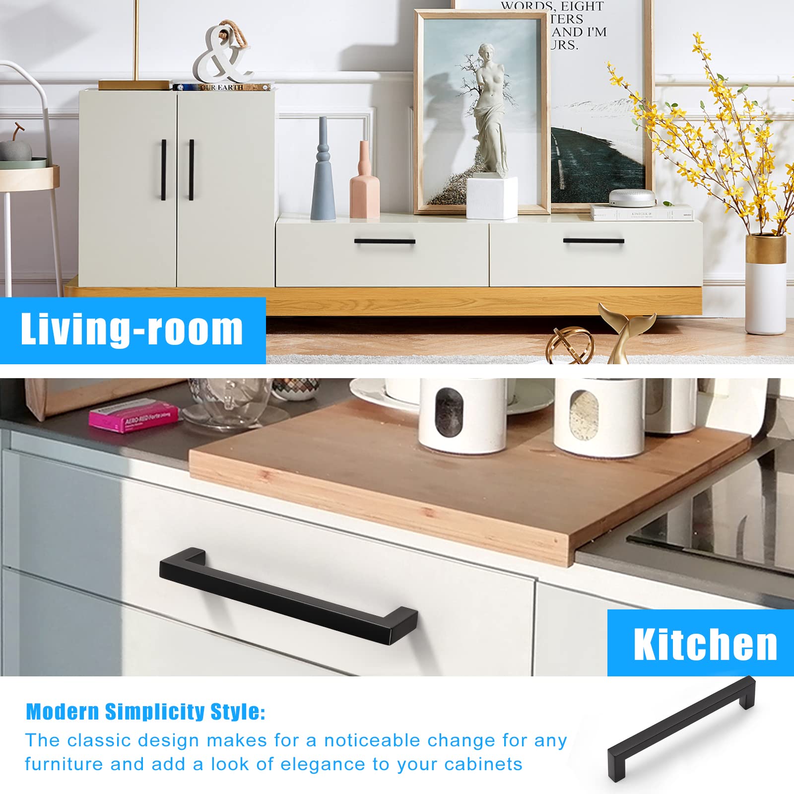 KNOBWELL 6-Pack Black Stainless Steel Cabinet Handles – 3" Center, 5" Overall, T-Bar Drawer Pulls