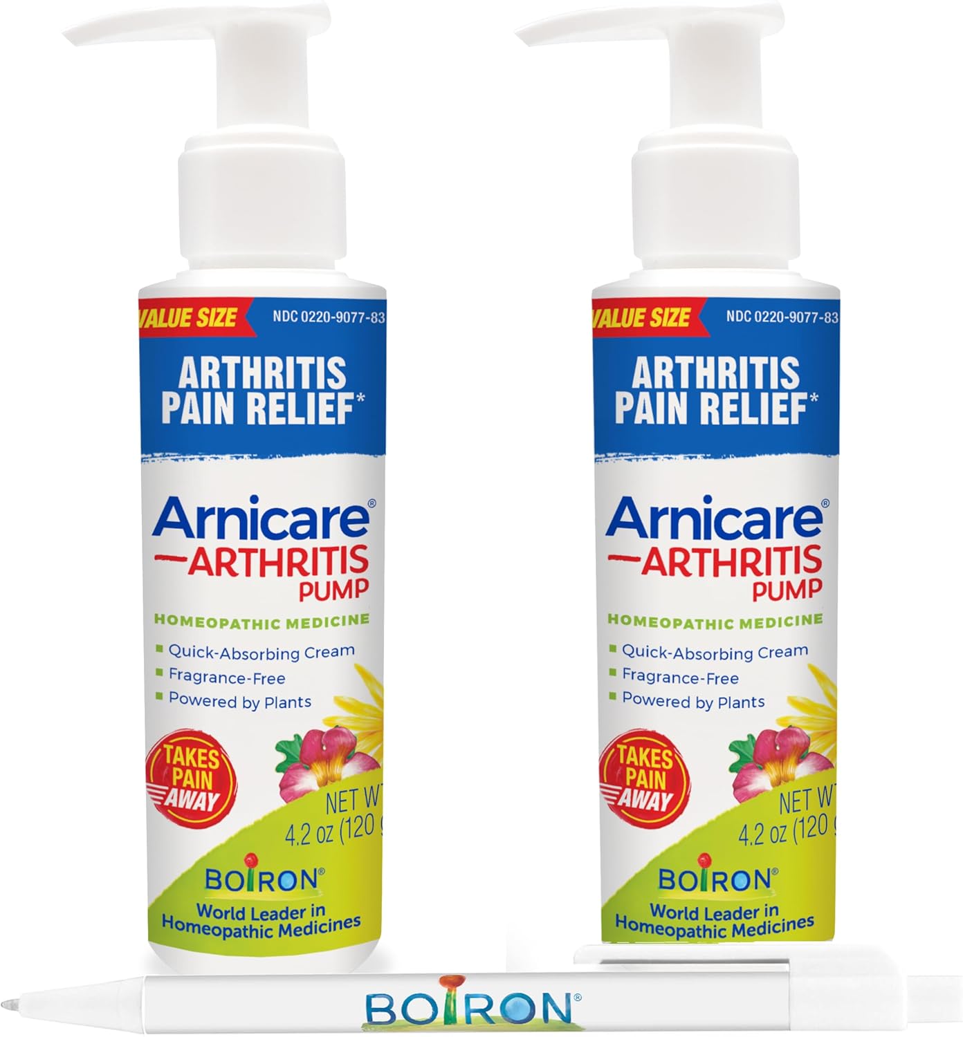 Boiron Arnicare Arthritis Cream 4.2 oz Pump (Pack of 2) Bundle with Pen - for Pain Relief of Knees, Hands, Wrists, Elbows, Joints & Muscles – Quickly Absorbed & Fragrance-Free