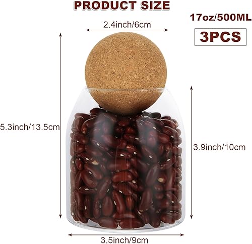 Miniatura 2 de 3 recipientes de almacenamiento de vidrio de 16.9 fl oz17 onzas con bola de corcho, tarro pequeño de cristal para caramelos, lindo organizador