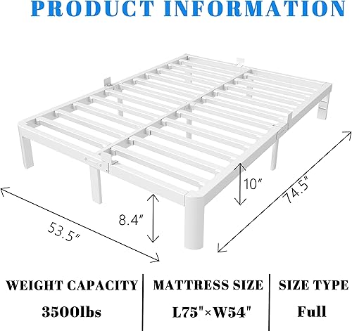 Miniatura 2 de Base de cama de 10 pulgadas tamaño completo, base de cama blanca tamaño completo con juntas metálicas, no requiere somier, diseño de esquinas