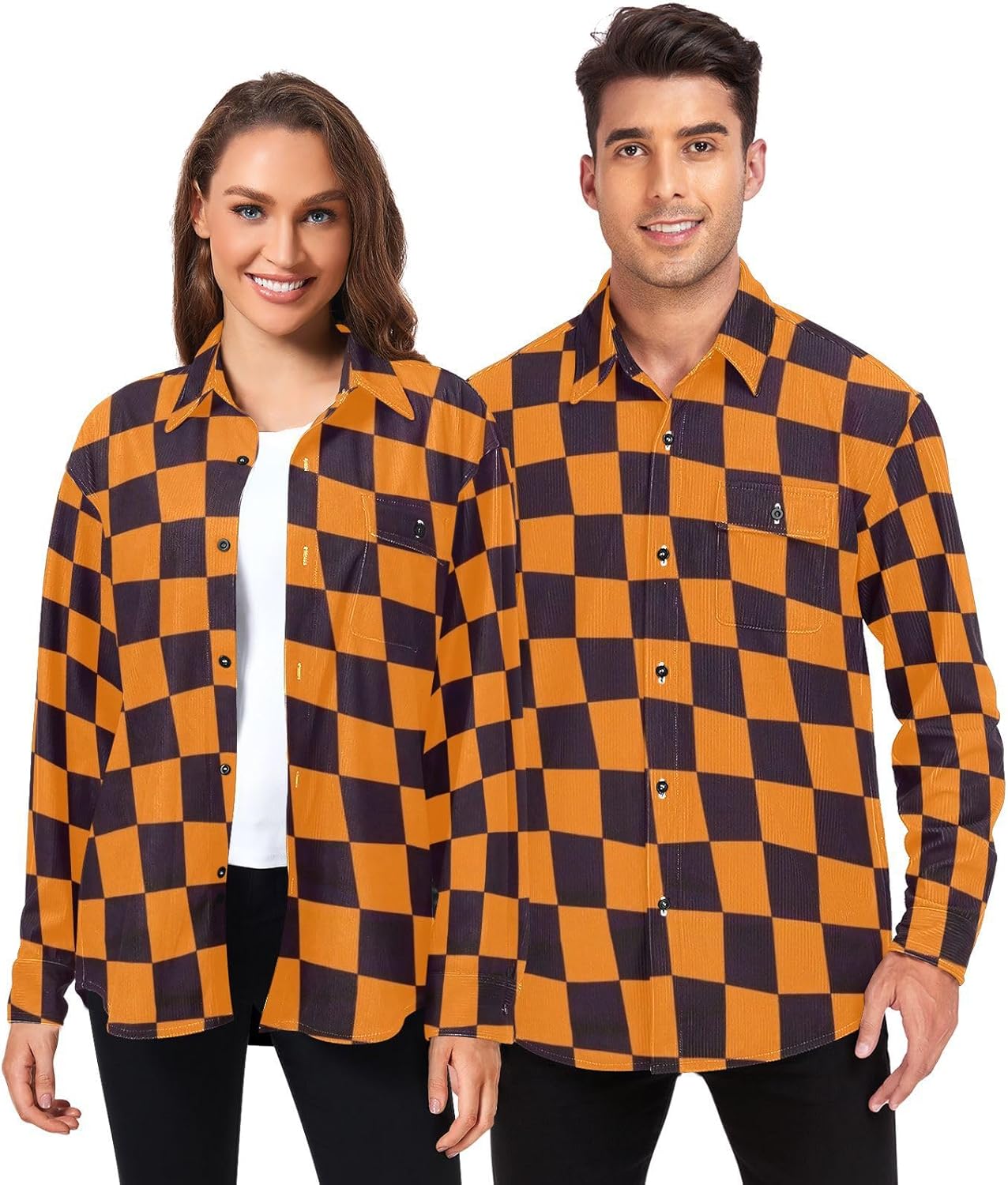 Orange and Black Checkered Plaid Woolen Cord Fabric Mens Rugby Shirts Long Sleeve for Women Outdoor with Pockets