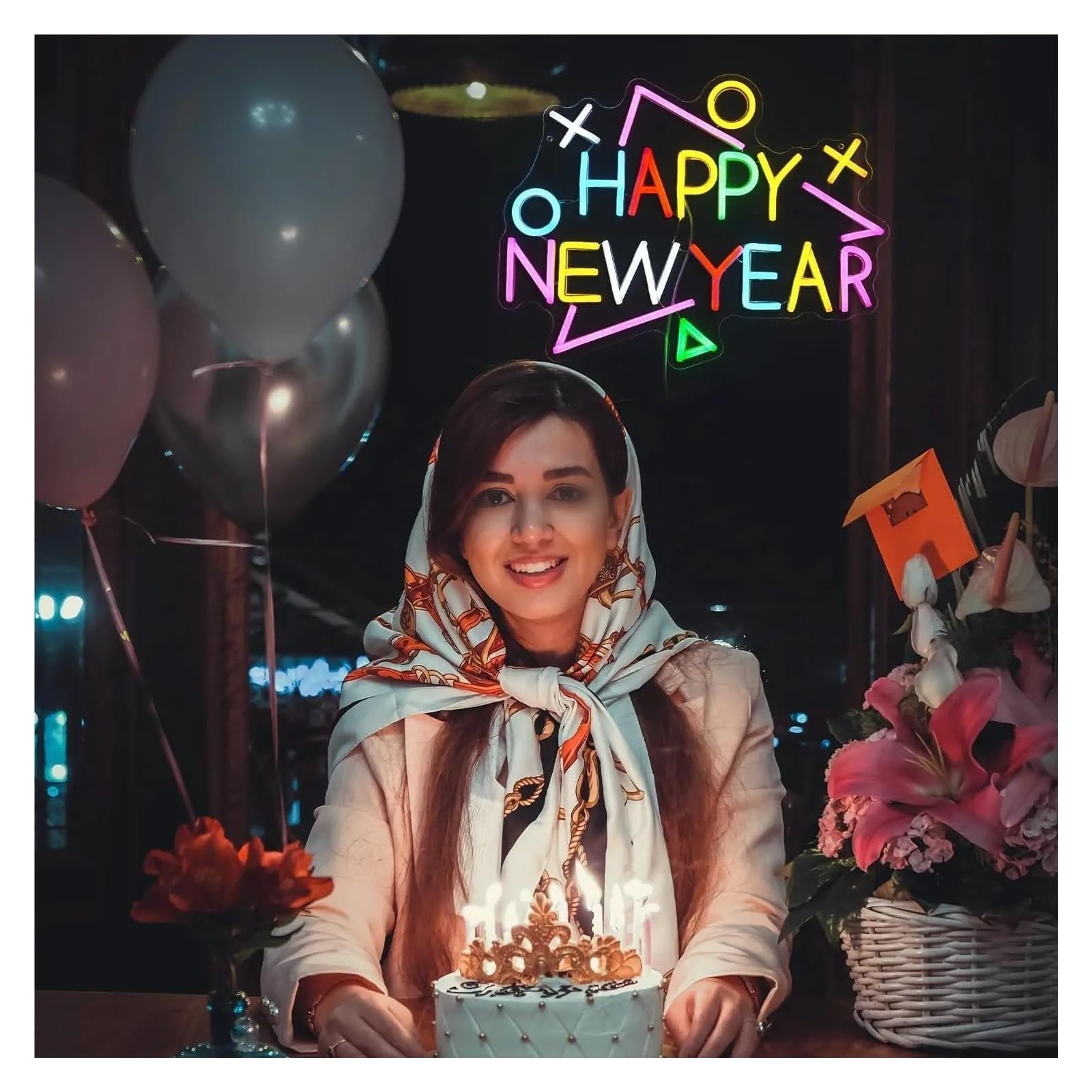 Wiszące neony artystyczne Wielokolorowy Neonowy Znak "Happy New Year" USB, Ściemnialna Dekoracja Ścienna LED Do Sklepu, Domu, Imprezy,42x32cm