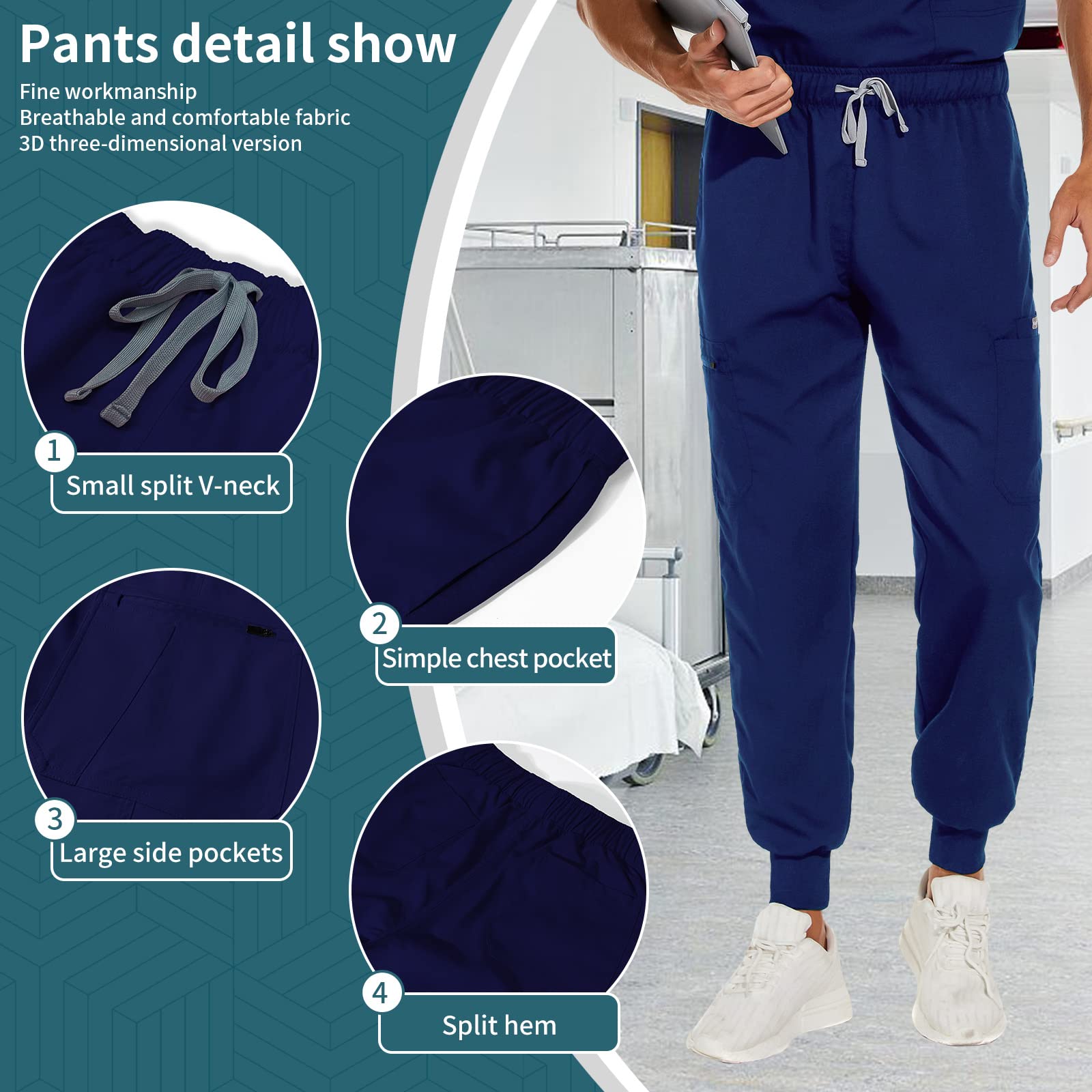 niaahinn Scrub for Scrubs Top with classic V-neck & Yoga Jogger Pants medical Nursing Uniform scrub set (Navy Blue,L,Large)