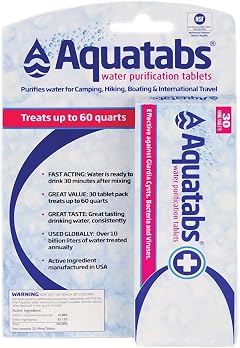 Aquatabs 49mg Water Purification Tablets 30 Pack Portable Water Purifier for Camping Essentials Lightweight Camping Gear or Survival