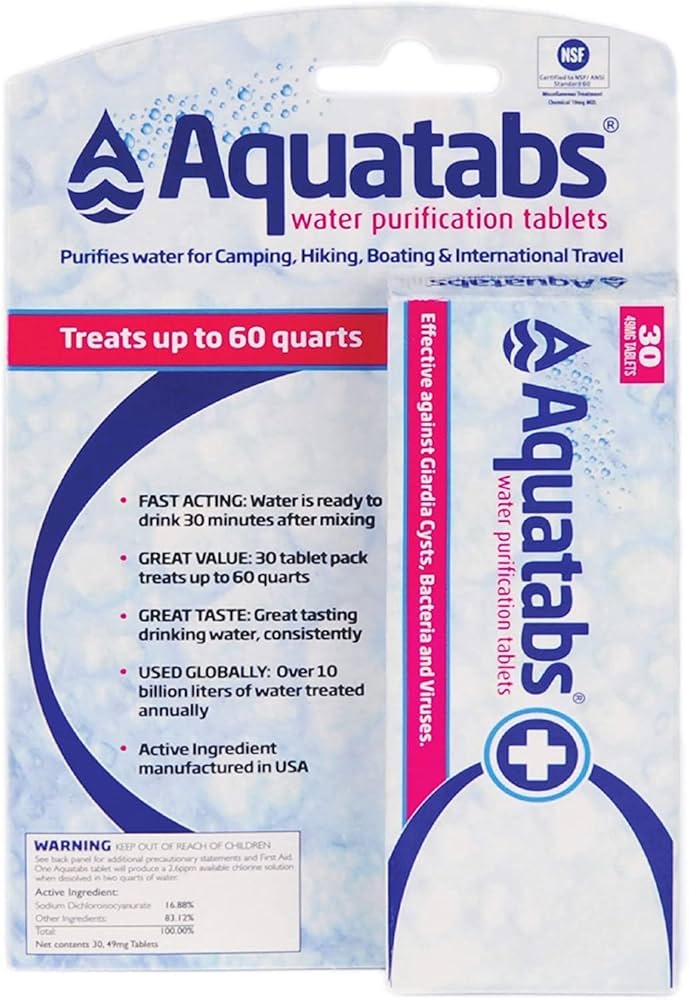 Various water purification tablets for hiking with their packaging