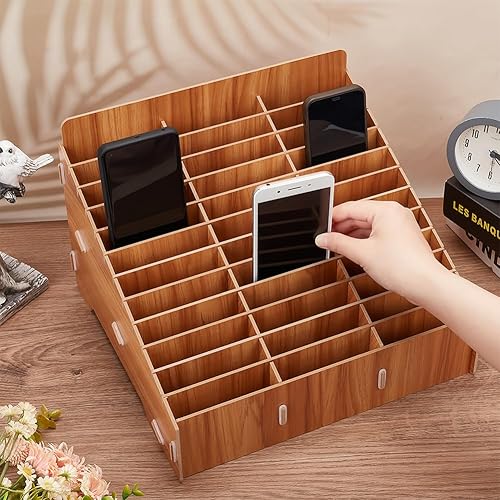 Miniatura 3 de BENECREAT Caja de almacenamiento de madera para teléfono celular de 36 rejillas, organizador de escritorio creativo para reuniones de oficina,