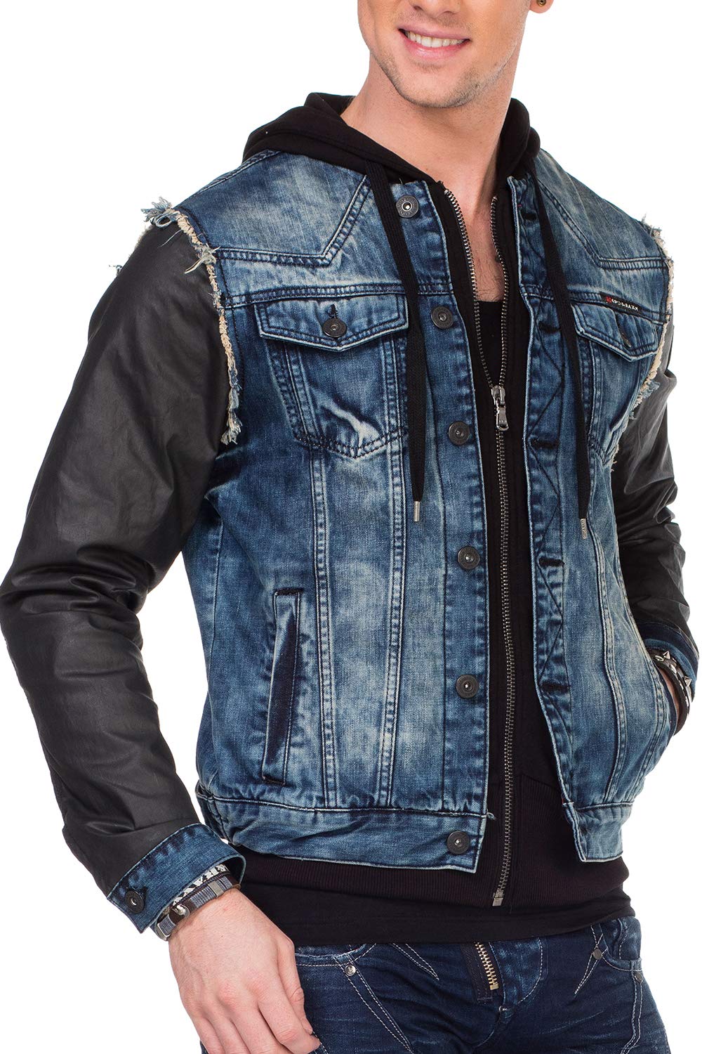 Cipo & Baxx Chaqueta vaquera para hombre, chaqueta de entretiempo, capucha de diseño, manga de piel sintética, chaqueta vaquera con capucha