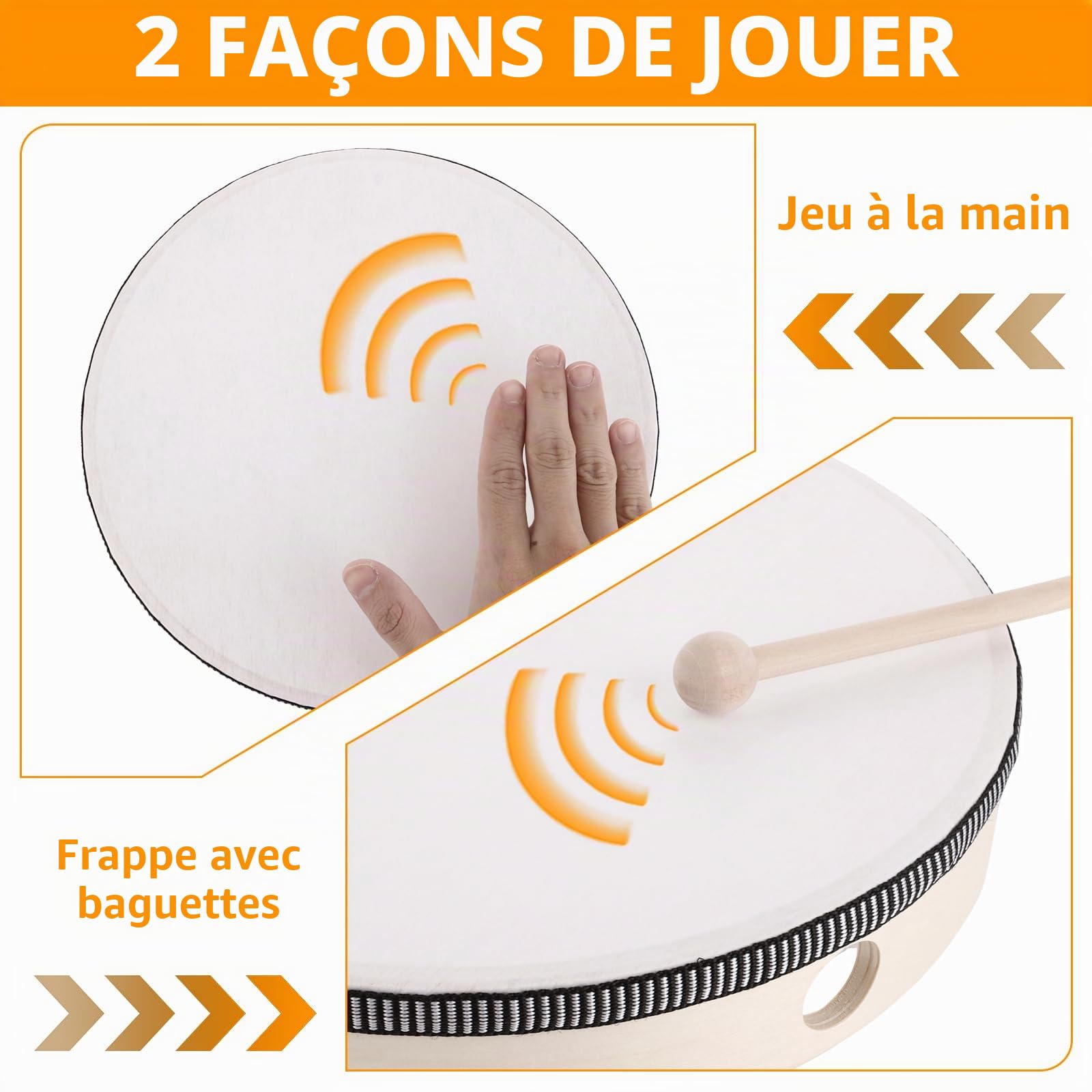 MIVIDE 3 Pièces Tambourin à main avec Maillet, Tambourins 15 cm, 20 cm et 25 cm, Tambourin à Main en Bois pour Fête, Performance