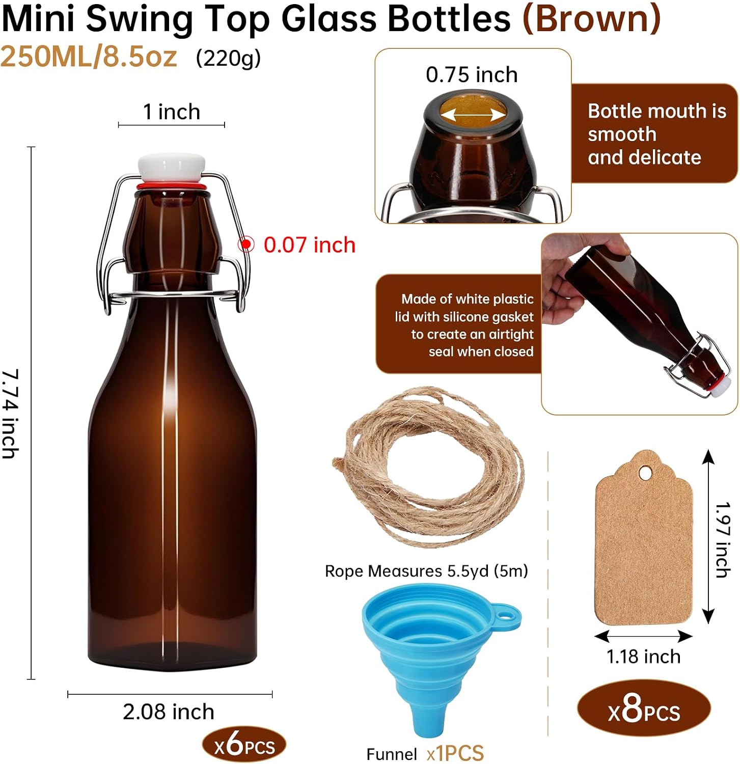 6Pcs 8.5oz square Amber Beer Bottles with Flip Caps,250MLGlass Bottle with Swinging Top for Airtight Lids, Home Brewing and Fermentation Kombucha, Vanilla Extract, Beverage, Water (6)