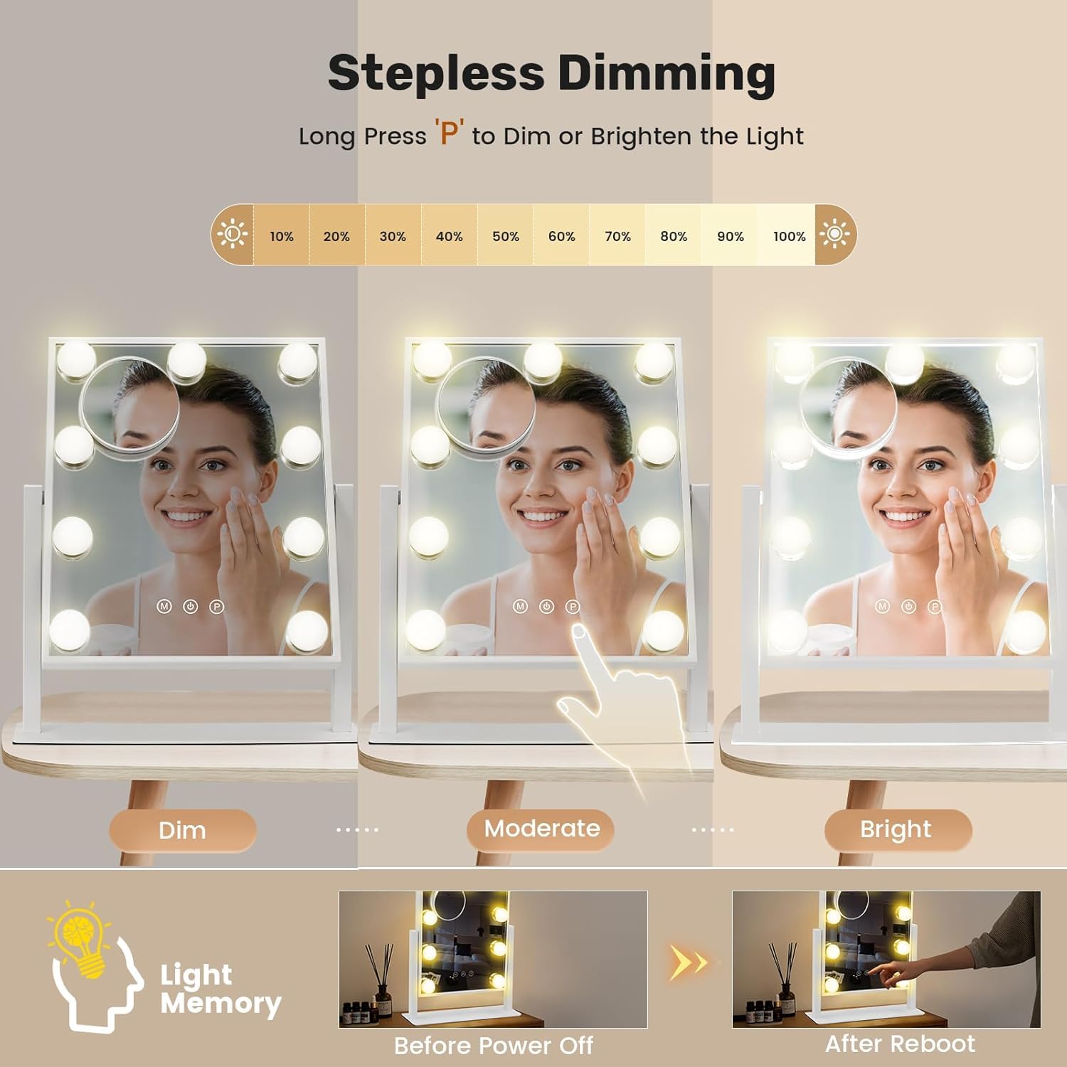 Specchio di trucco hollywoodiano con 9 lampadine LED, 3 modalità di illuminazione, schermo tattile, rotazione di 360 gradi
