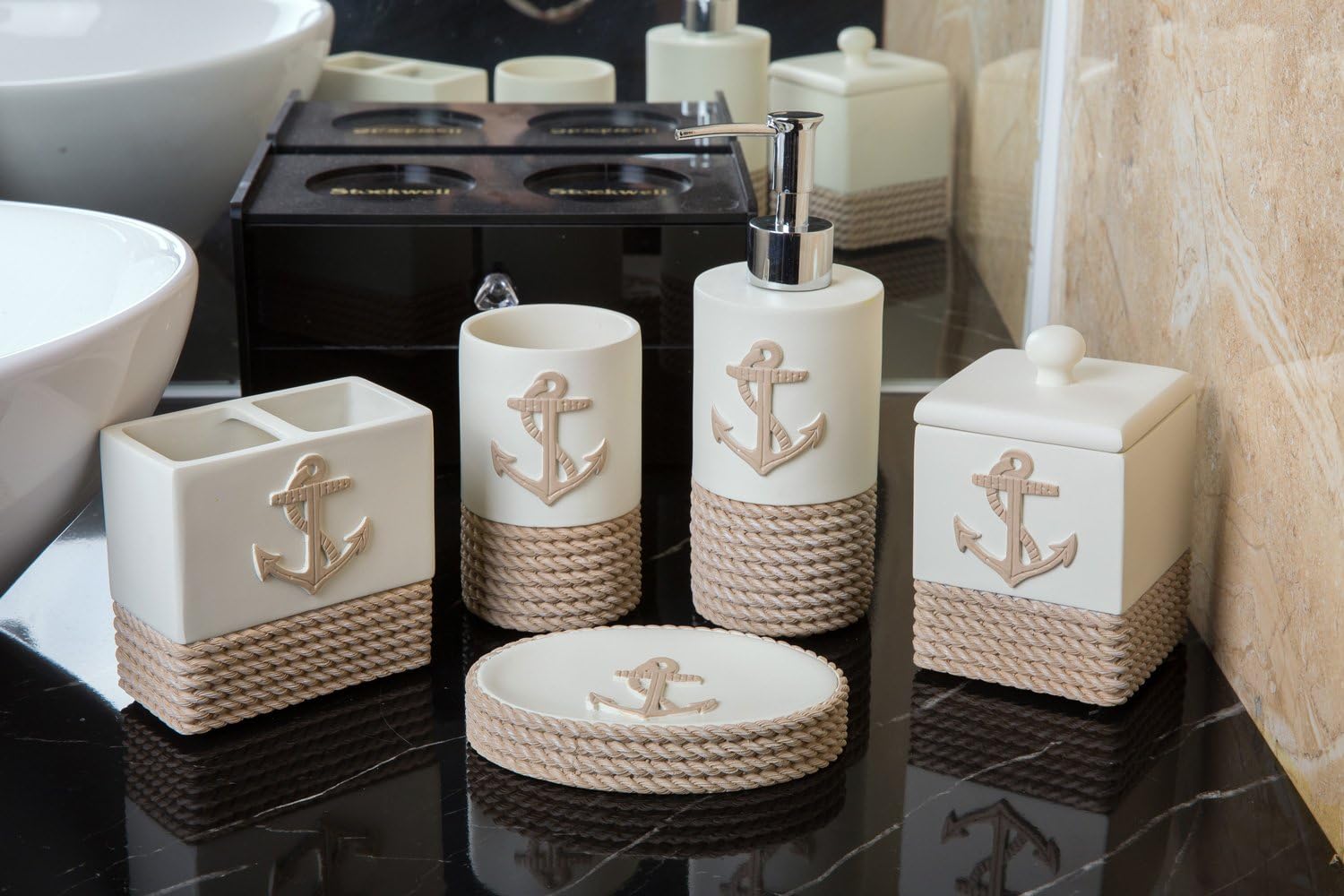 Ocean Style Solid 5 Piece Bathroom Asseccory Set Include Lotion Dispenser,Soap Dish,Toothbrush Holder,Cotton Container&Tumbler Sailor