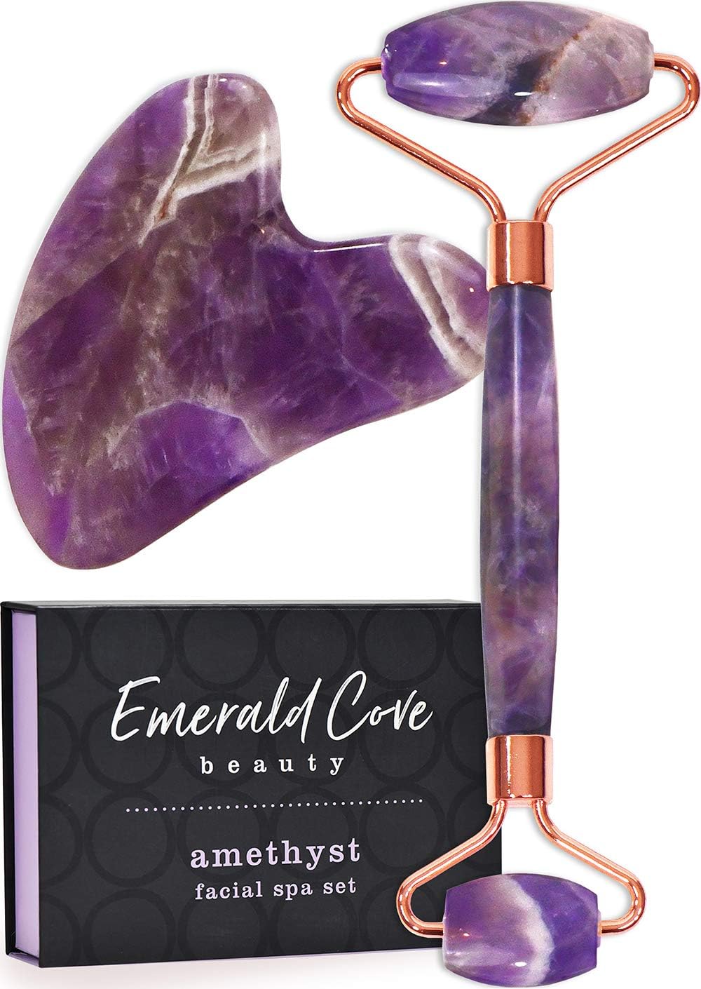 Jade Roller for Face - Amethyst Derma Roller and Gua Sha Set for Skincare, Face Roller and Dark Circles Under Eye Treatment