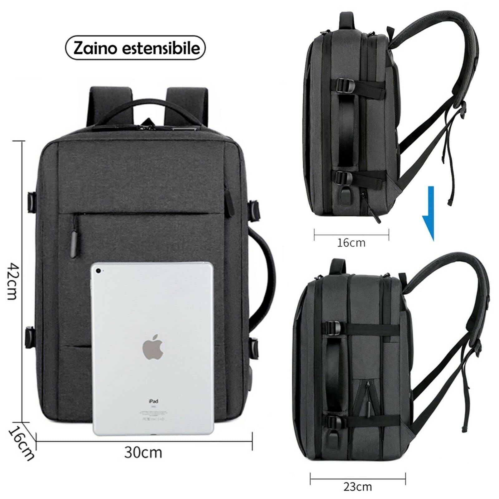 Mixroom - Zaino Uomo Porta PC Estendibile Valigia Bagaglio a mano per Computer Portatile Laptop Con porta USB Casual Scuola Viaggio Z3