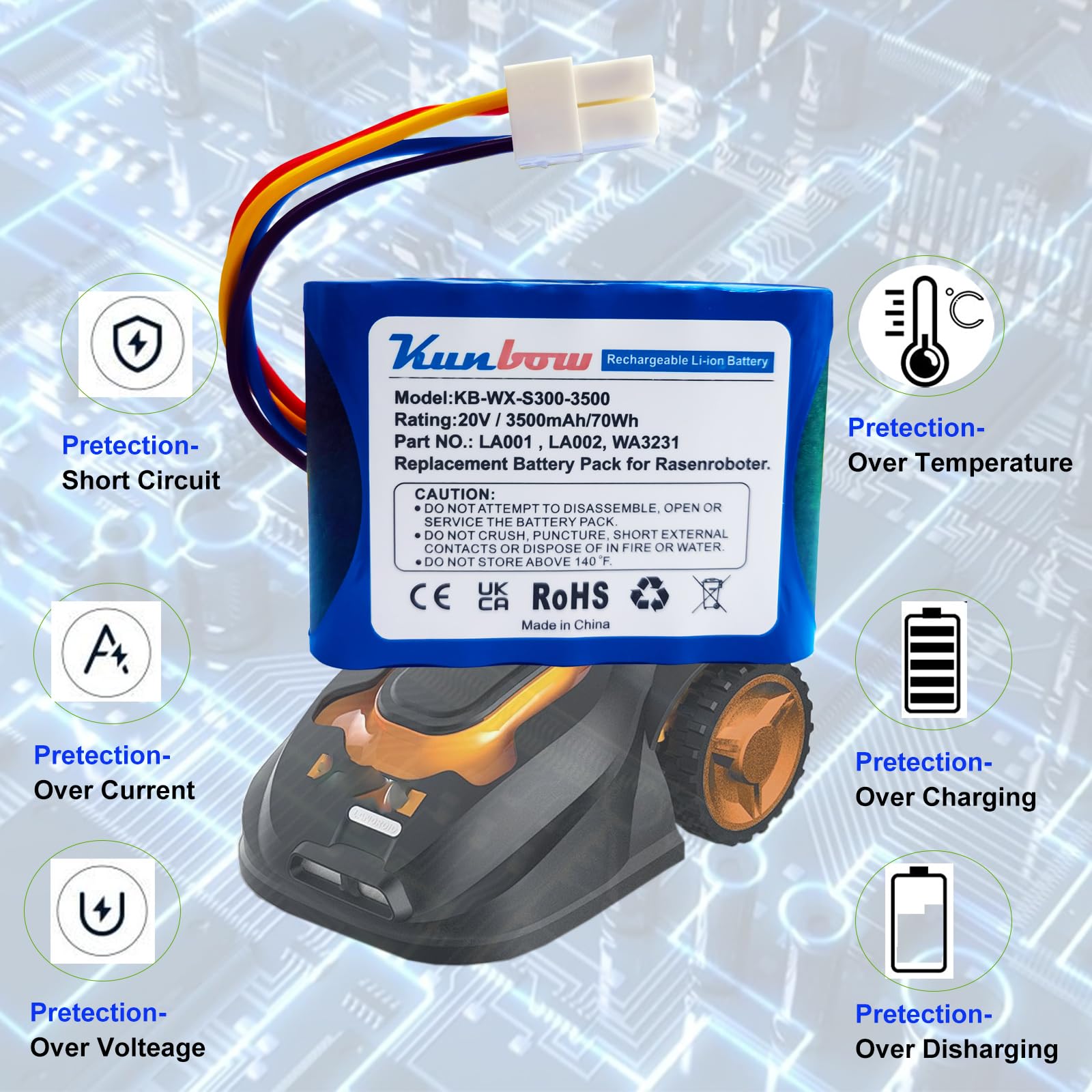 20V 3500mAh Rasenroboter-Akku, Ersatzakku für Landxcape LX790i / LX790 / LX792 / LX795 / LX796 / LX797 / LX991 & Ferrex 800 m² 2021, LA0001/LA0002/WA3230/WA323, Ersatz für Landxcape akku.