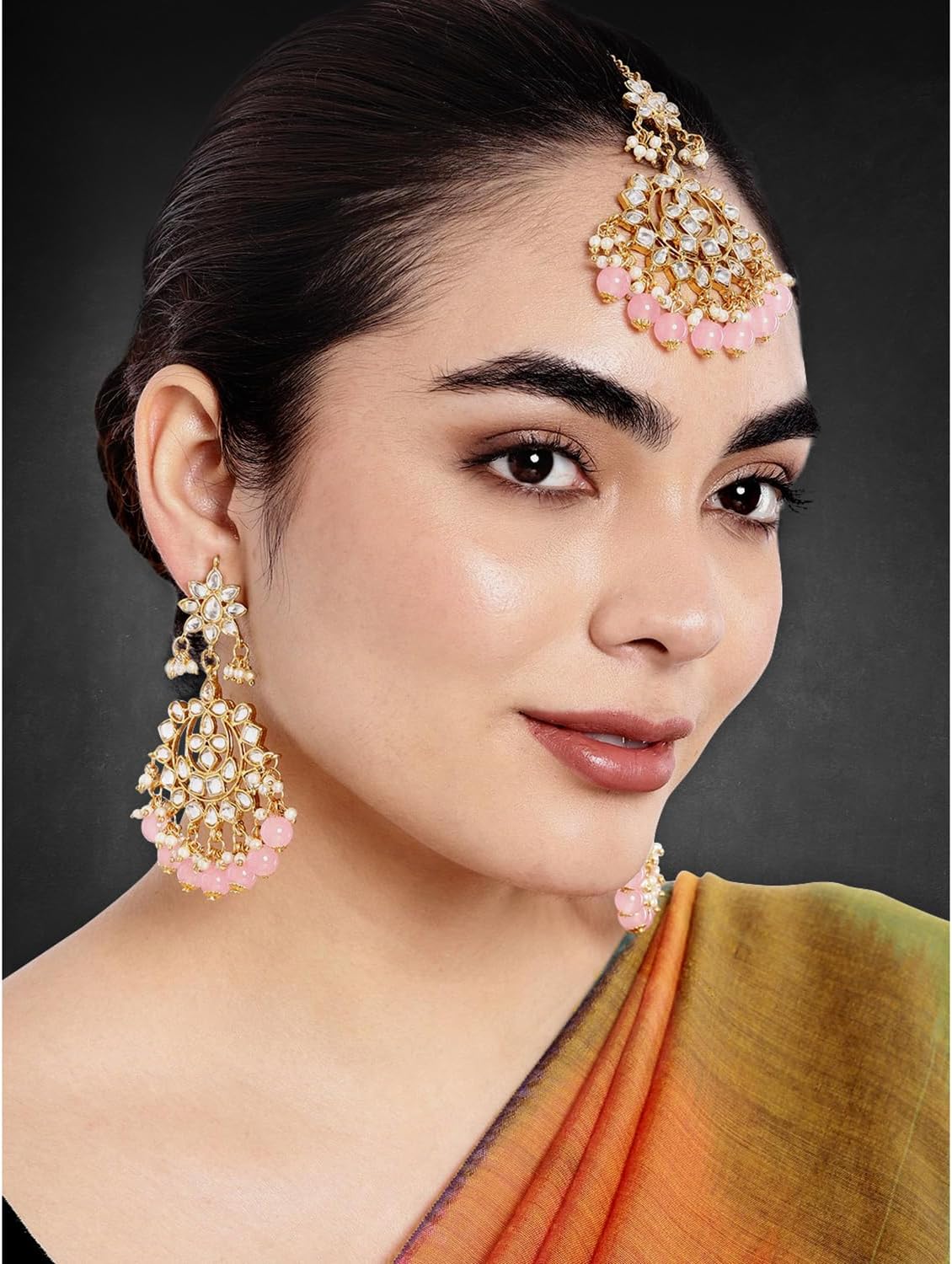 Aheli Indian Traditional Bollywood Faux Kundan Pearl Wedding Chandbali Earrings with Maang Tikka Jewelry Set Gift for Women