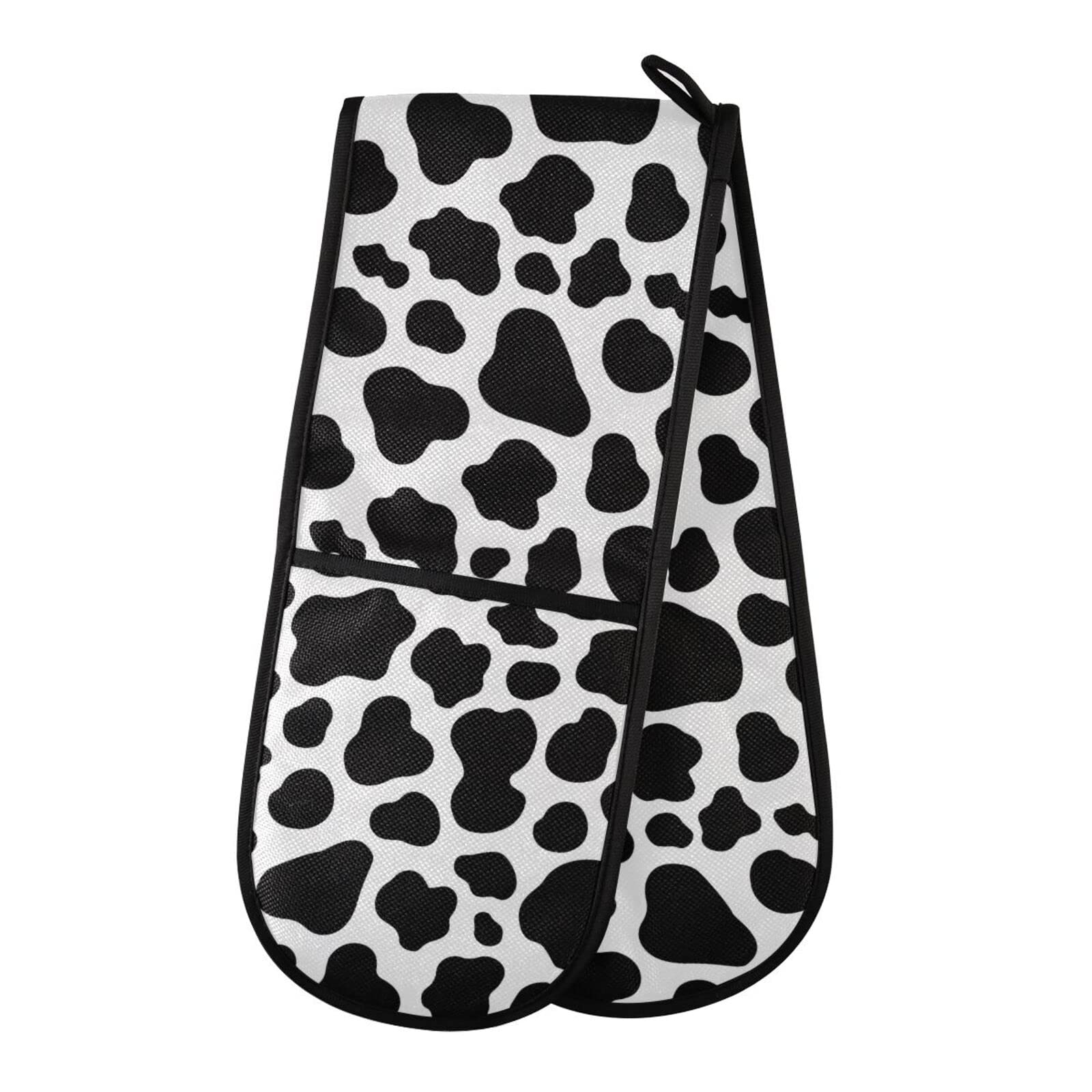 Double Oven Glove White Black Cow Spot Heat Resistant Double Ovens Mitt Modern Cooking Gloves Potholders