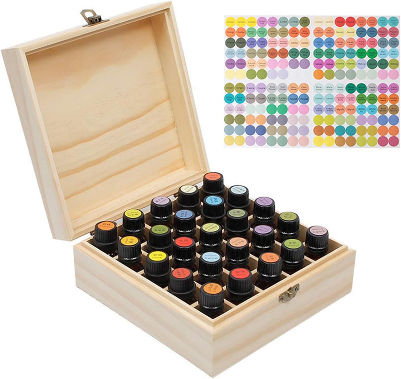 Phantom Sky 25 Compartments Wooden Aromatherapy Essential Oil Carrying Case, Natural Pine Essential Oil Organizer Storage Box Case Display Holds for Travel and Presentations Gift Box