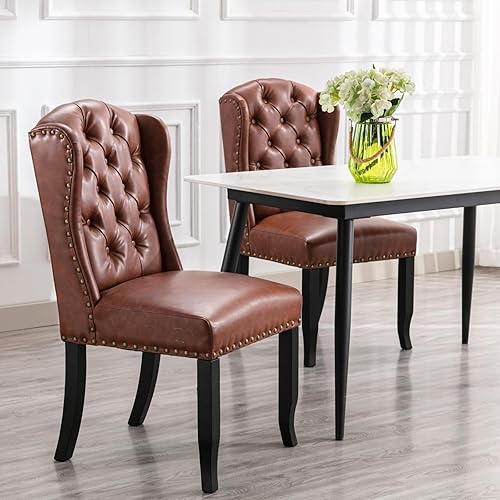 LukeAlon Juego de 2 sillas de comedor clásicas de piel sintética, tapizadas con botones copetudos, patas de madera maciza, elegantes sillas de