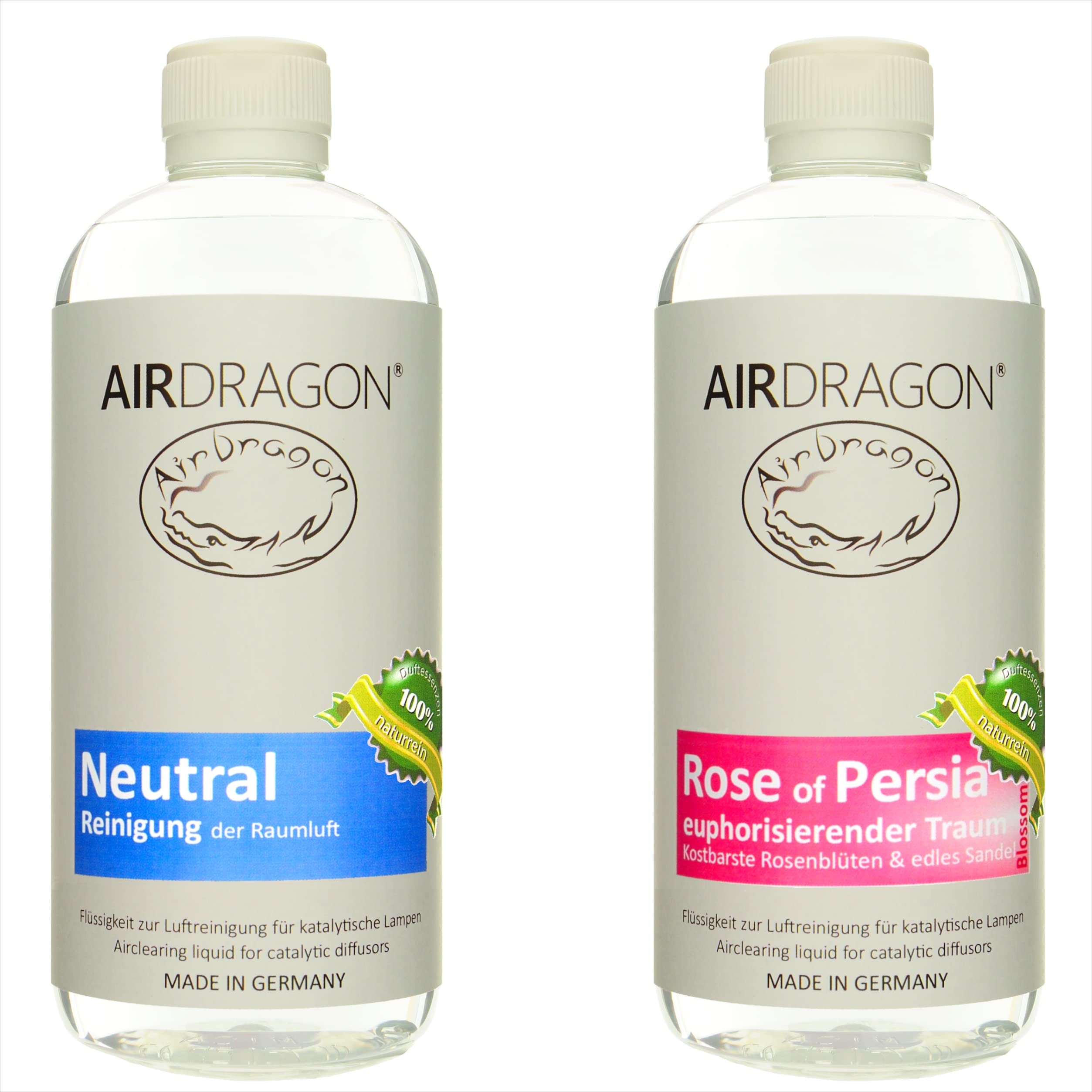 AIRDRAGON® Zestaw zapachowy • NEUTRAL + RÓŻA PERSIA • 2 x 1 litr • Do każdej lampy katalitycznej • Bez sztucznych substancji zapachowych • Premium naturalny zapach do pomieszczeń