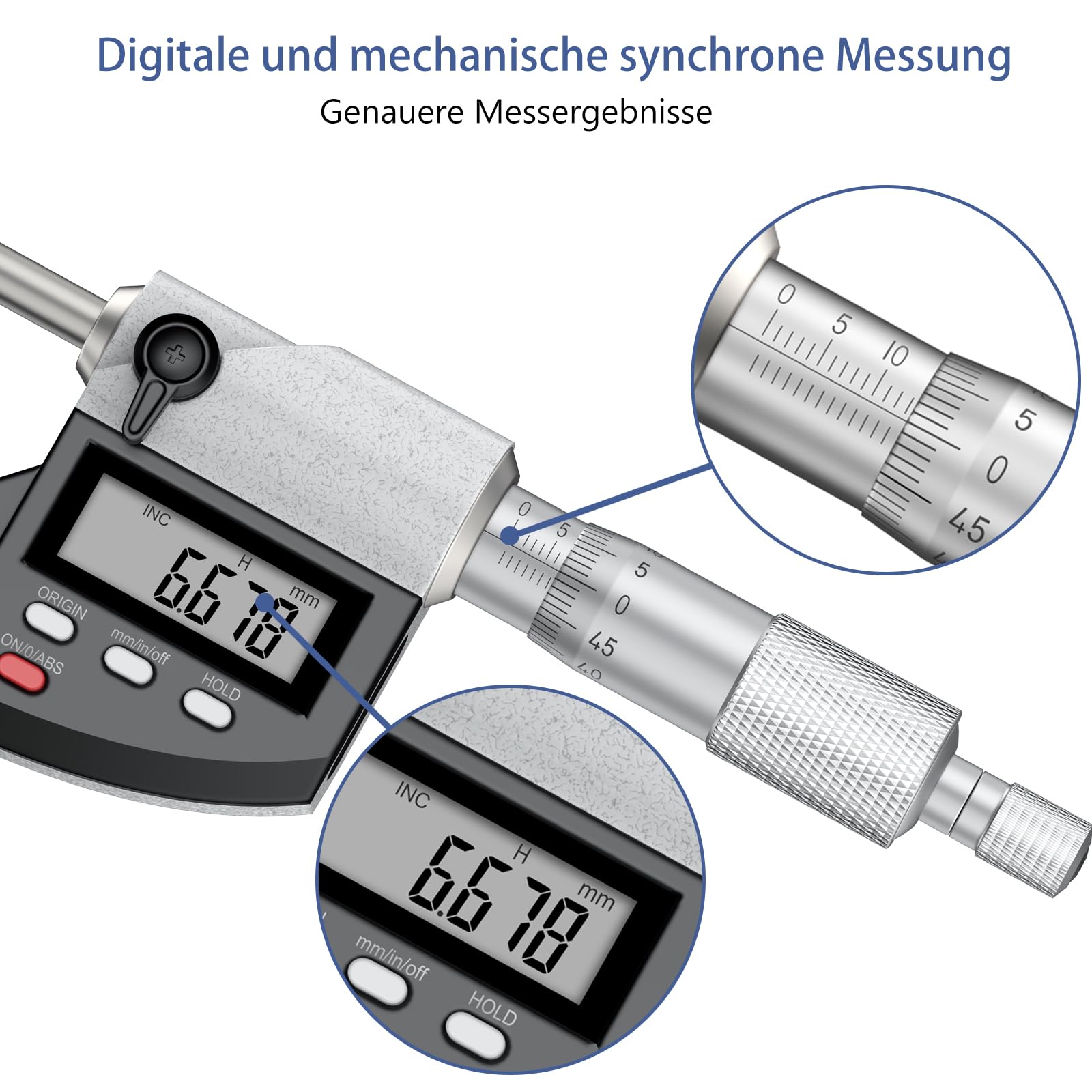 Digitale Bügelmessschraube 0-25 mm, Digital-Mikrometer Auflösung 0,001 mm, Zoll/mm-Umschaltung, Präzision 0,003 mm Genauigkeit, Dual-Mode-Mikrometer großes LCD-Display mit Schutzhülle.