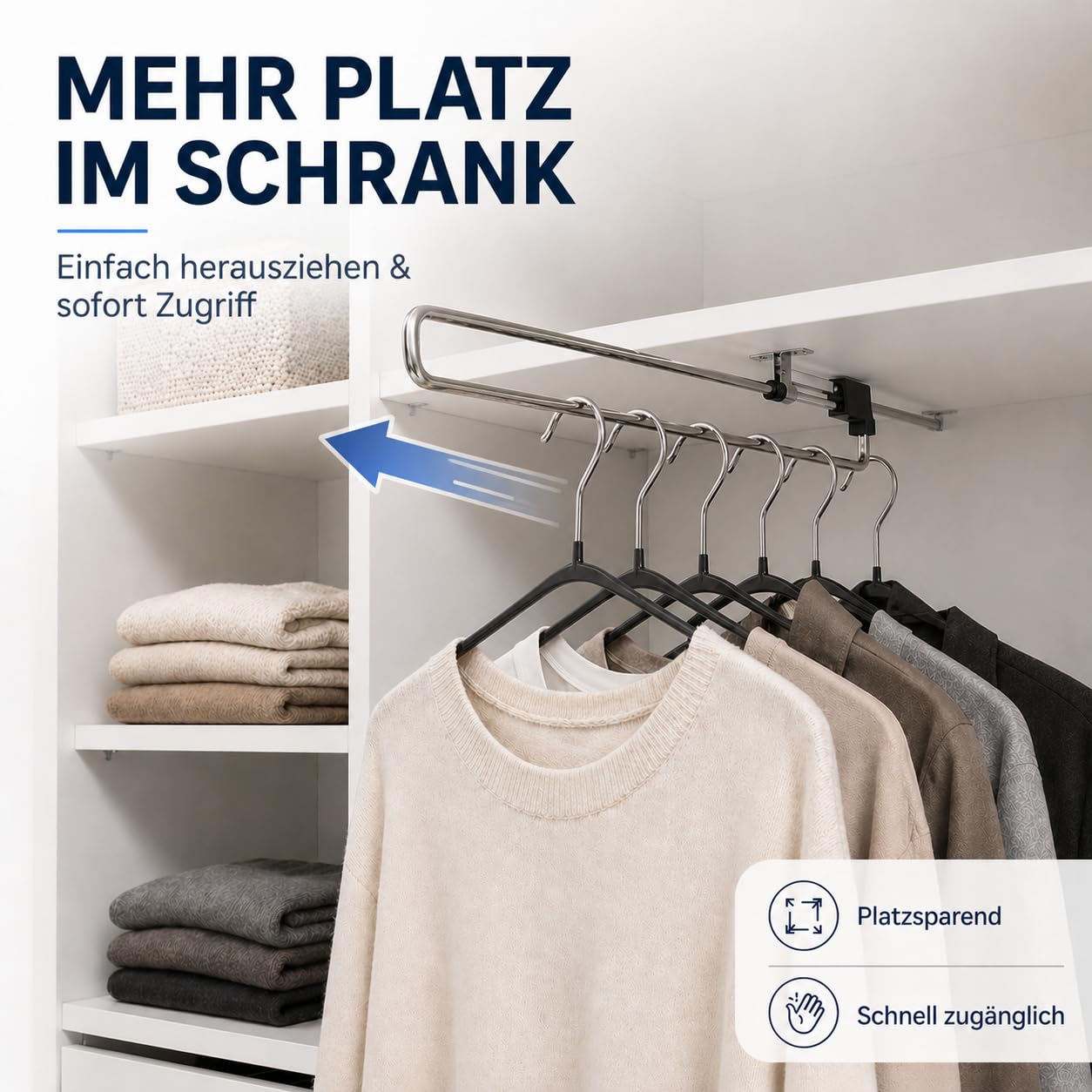 Ausziehbare Kleiderstange - Kleiderbügelhalter Ausziehbar aus Metall - Schrankstange Verstellbar für Platzersparnis und bessere Zugänglichkeit