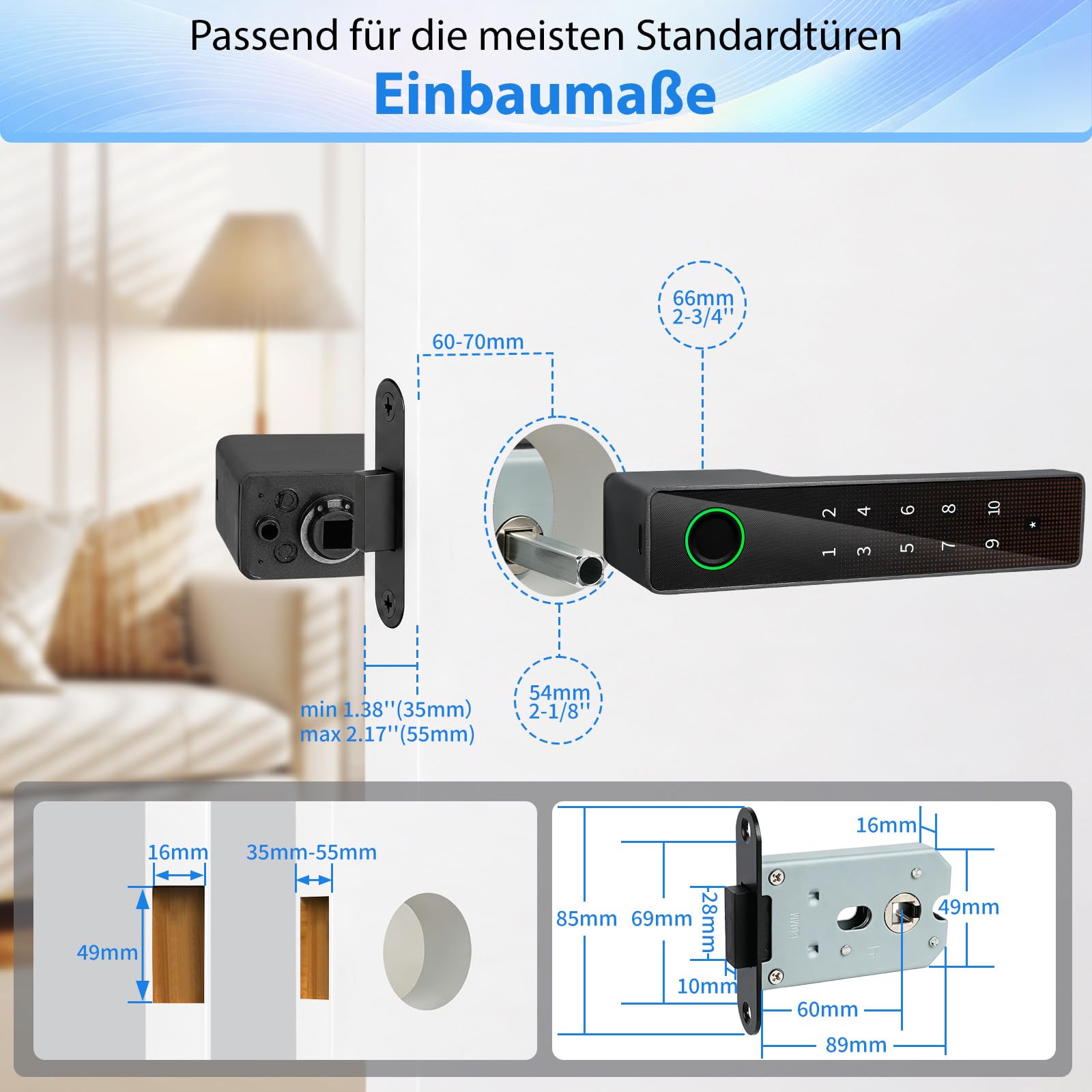 5-in-1 Türöffner Fingerabdruck, Türschloss mit Zahlencode, Smart Türschloss mit Fingerabdruck, APP, Code, Schlüssel & biometrischer Entsperrung für Schlafzimmer, Zuhause, Hotel (schwarz)