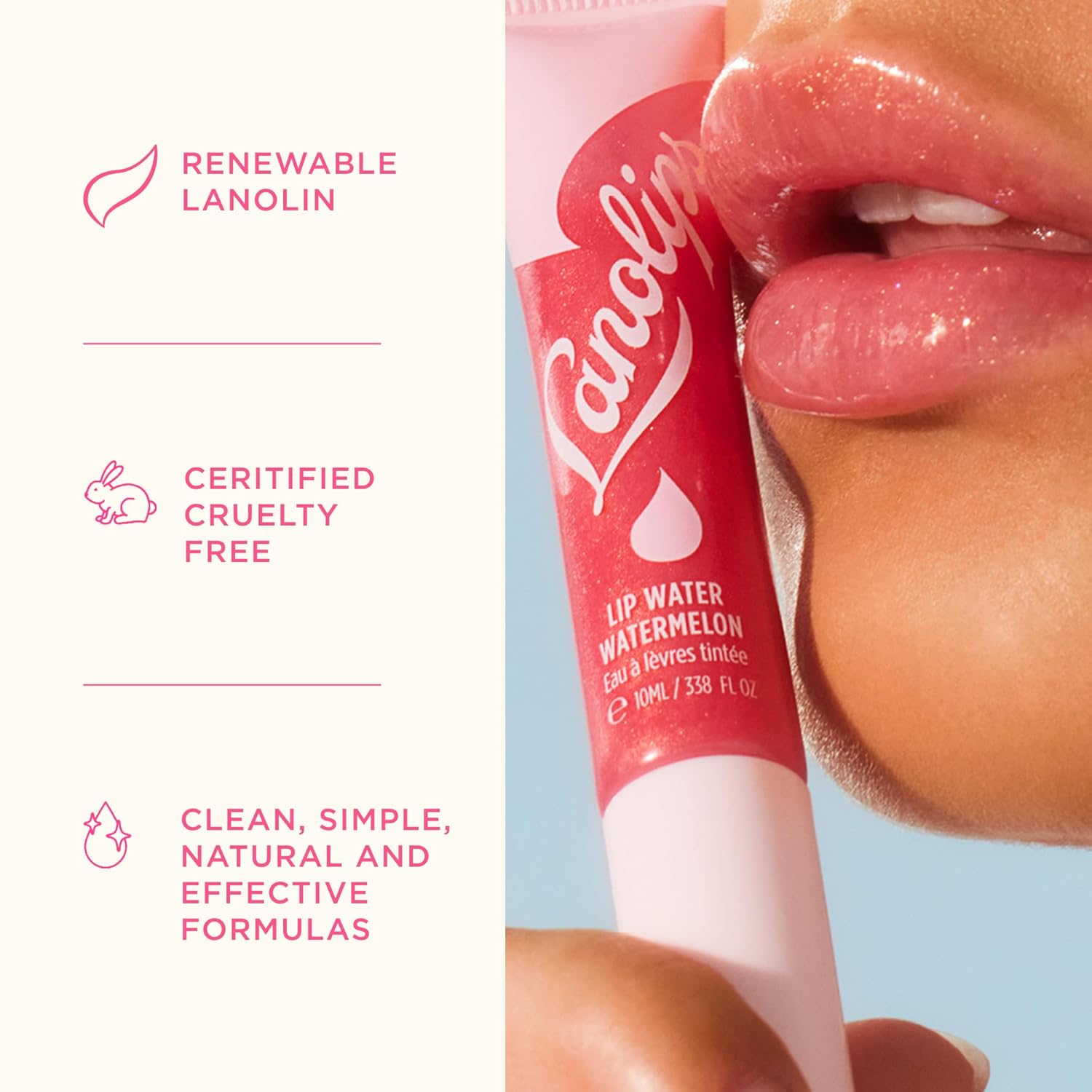 Lanolips Lanolin Lip Water Watermelon - Clear Gloss Serum - Hyaluronic Acid Lip Balm and Shimmer for a Hydrated Glow - Lanolin Oil Moisturizer for Dry, Cracked Skin (10ml / 0.34 fl oz) - Image 8