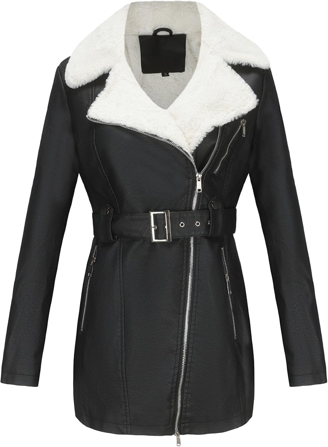 Women's Faux Leather Warm Mid-Length Coat Belt Zipper Thicken Coat Jacket Lined Fashion Winter Outerwear
