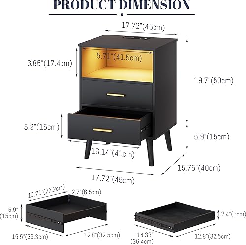 Miniatura 2 de LVSOMT Mesita de noche blanca sólida con estación de carga y puertos USB, mesitas de noche LED con 2 cajones, mesita de noche con inducción de
