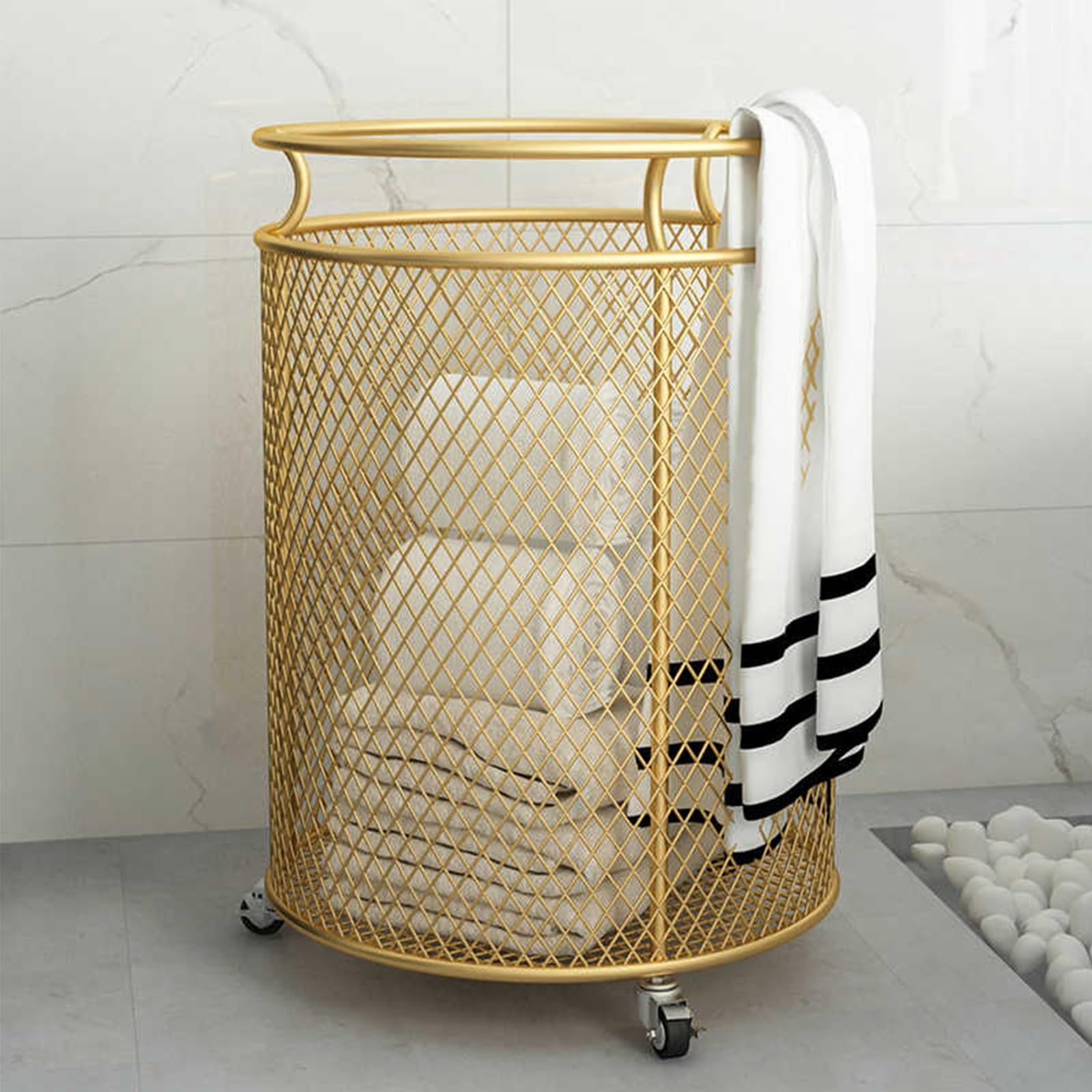 MRKU Cesto portabiancheria Pieghevole con Ruote, Contenitore per la casa, Carrello portabiancheria Rotondo in Rete Metallica con Ruote, Design con Maniglia ad Anello
