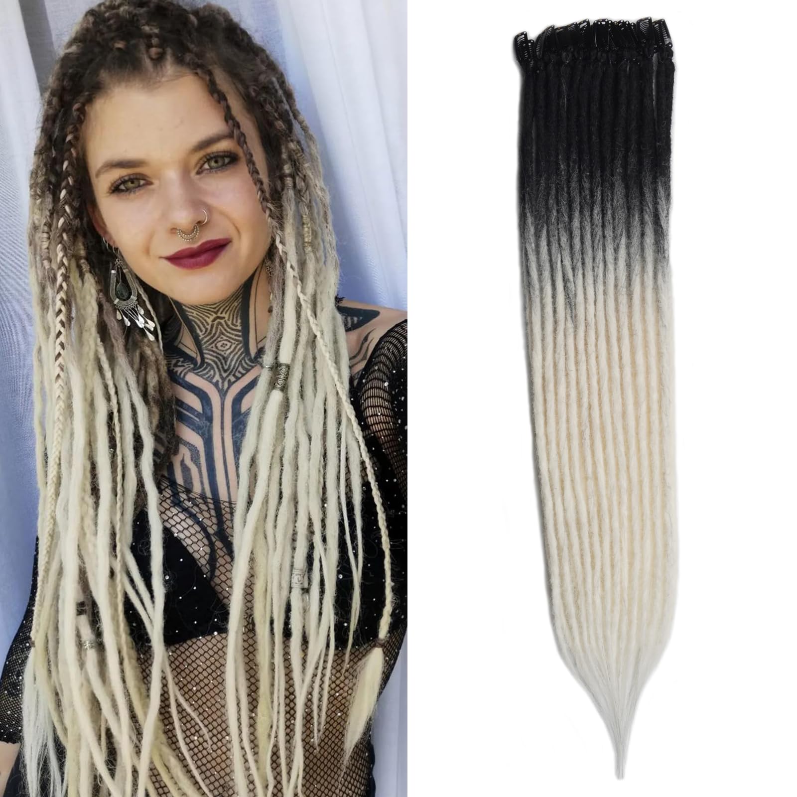 6pcs Thin Dreadlock Extensions Clip In 24 Inch Ombre White