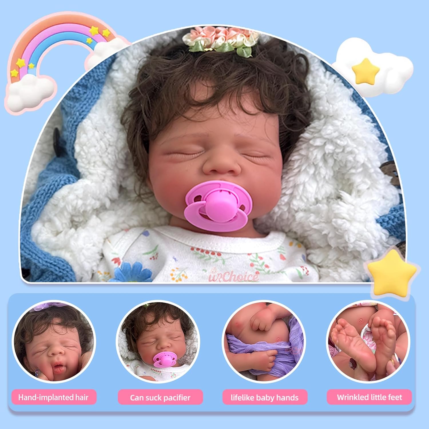 Open Mouth Reborn Baby Dolls with Rooted Hair Realistic 19 inch Full Body Silicone Baby Doll Boy Sleeping Newborn Doll Anatomically Correct
