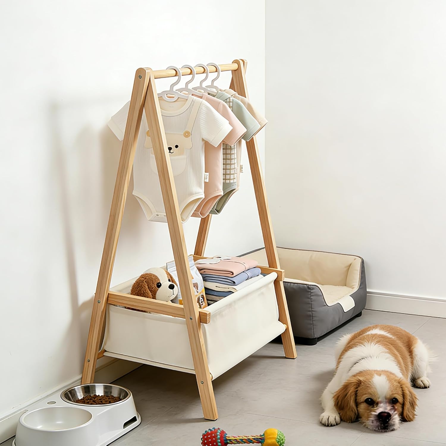 Baby Clothing Rack for Baby Shower, Pets Clothes Rack with Storage Box & Hanging Rod for Dogs/Cats, Mini Dolls Closet Rack, Wooden Baby Shower Rack for Nursery Room (Natural)