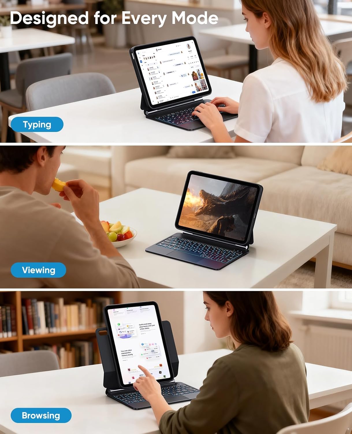 CHESONA Keyboard Case for iPad (A16) 11th 2025/10th Generation 10.9-inch 2022, 7-Color Backlit with Removable Protective Case, Floating Cantilever Stand, Portrait/Landscape Mode, Smart Trackpad, Black - Image 9