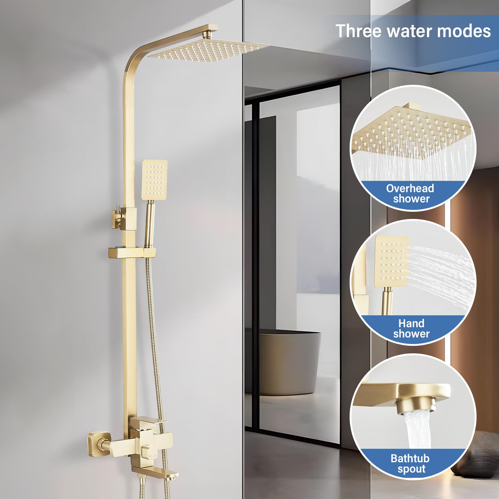 Colonna per doccia,Multifunzionale Set doccia regolabile in altezza, 8" soffione doccia a pioggia e quadrato doccia a mano,ottone,oro spazzolato