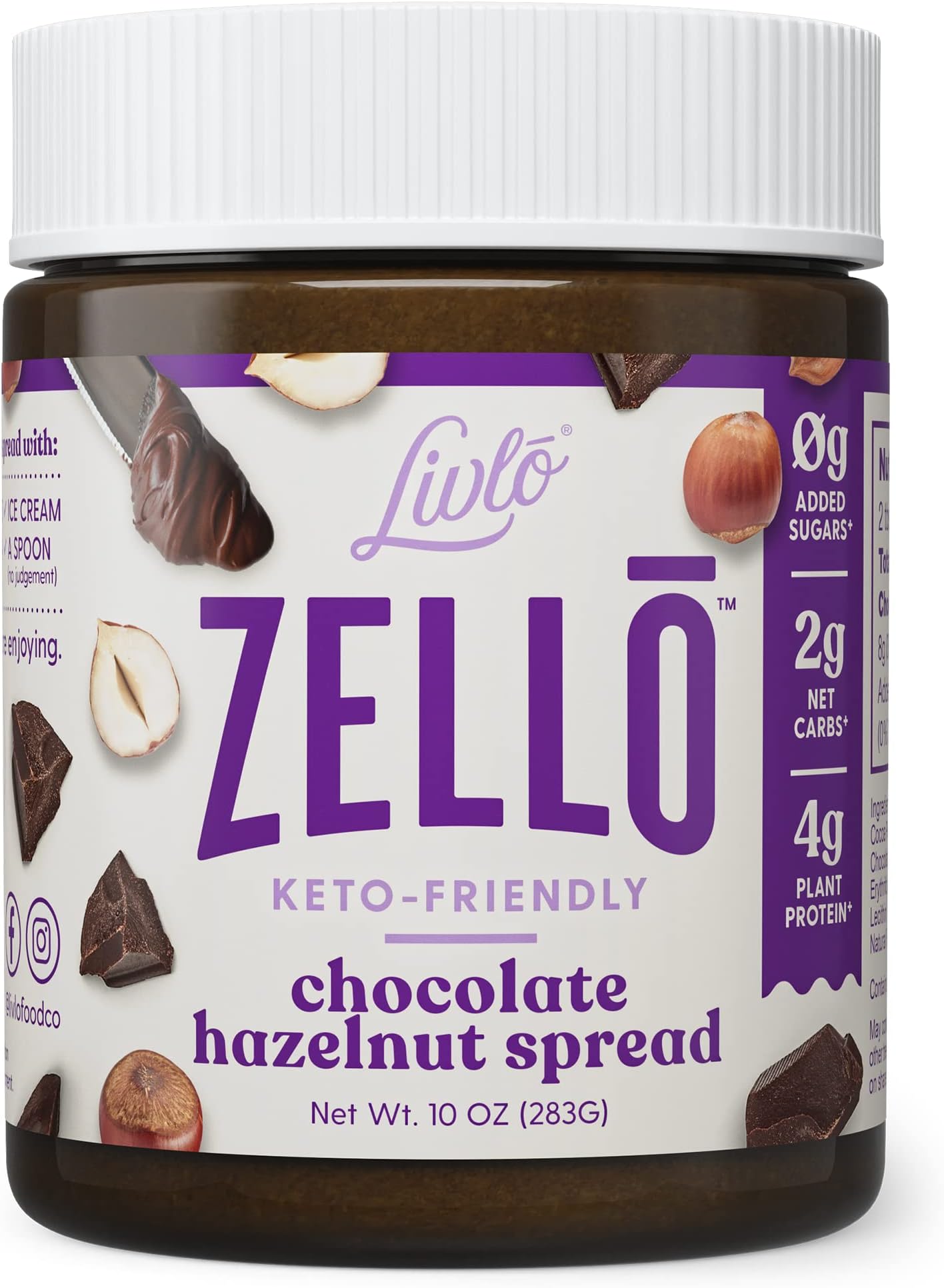 Livlo Zello Keto Chocolate Hazelnut Spread - Keto Dessert with 2g Net Carb Per Serving and No Added Sugar - Rich & Delicious Keto Snack - 10 oz Canister