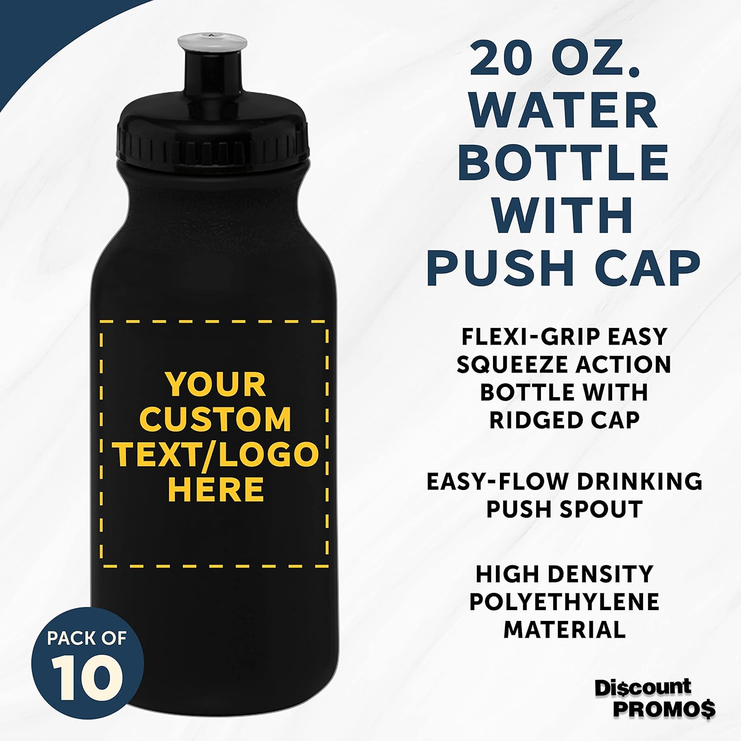DISCOUNT PROMOS Custom 20 oz. Water Bottles with Push Cap Set of 10, Personalized Bulk Pack - Perfect for Gym, Hiking, Camping, Outdoor Sports - Black - Image 3