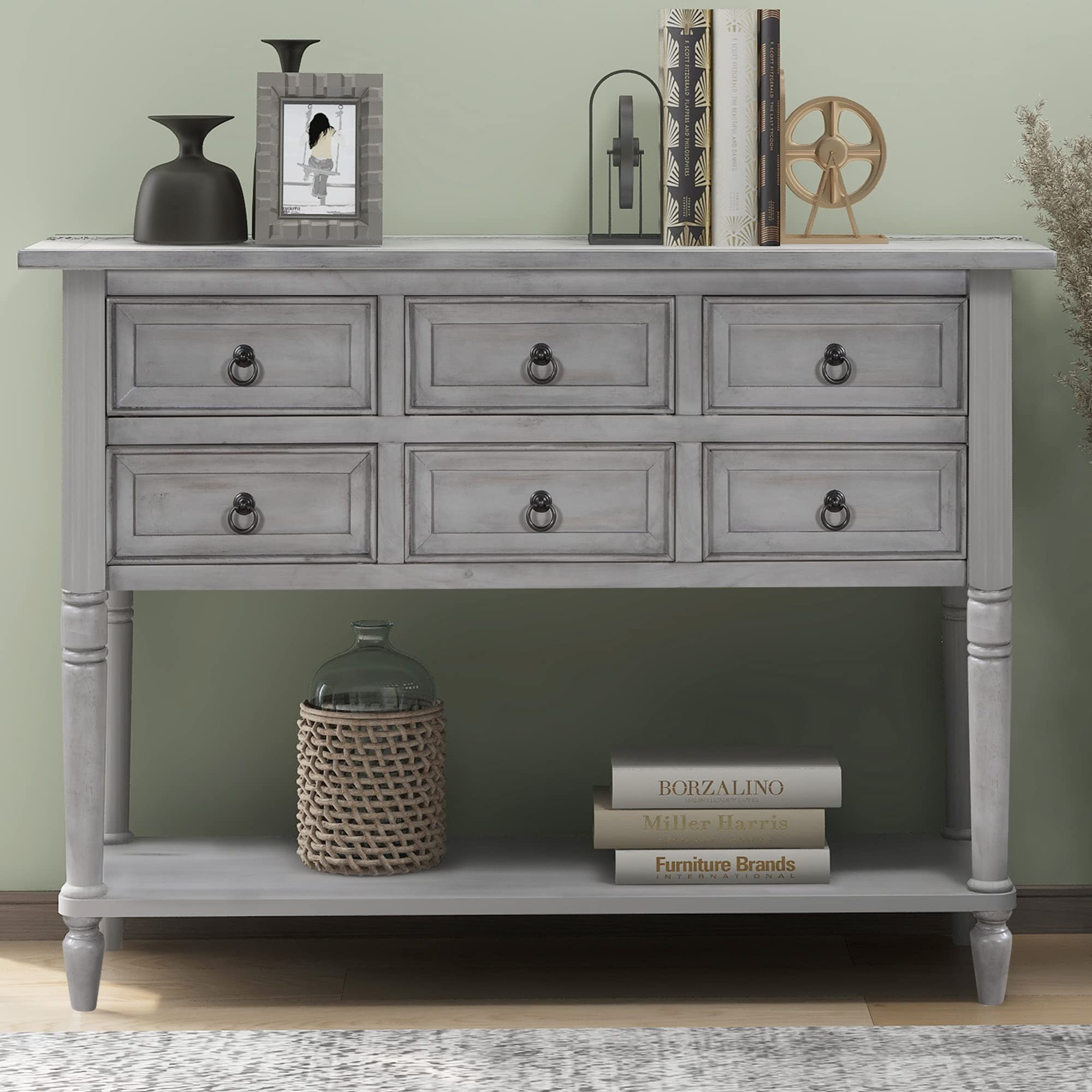 Buy P PURLOVE Long Console Table with 6 Drawer Wooden Entryway Table
