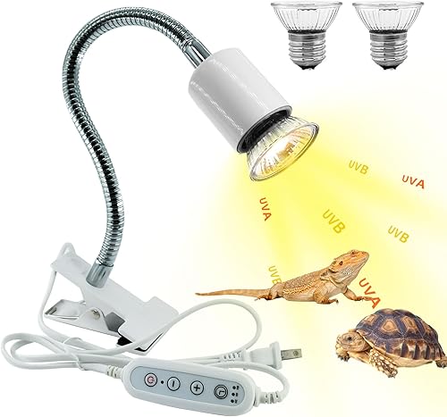 Lámpara de calor para reptiles, luz de reptil UVA UVB con manguera giratoria de 360 y temporizada con 2 bombillas (25 W, 50 W), bombillas de calor