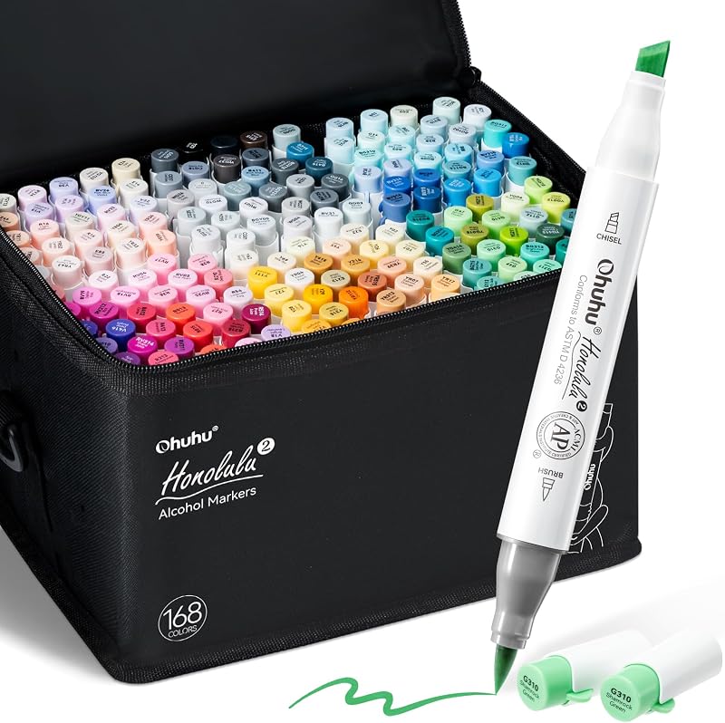 Ohuhu Alcohol Markers 168 Colors Brush& Chisel Honolulu 2 for Cozy Coloring | Brush Markers for Artists Adults Coloring Illustration, Double Tipped Brush Tip Alcohol-based AP Certified Refillable Ink