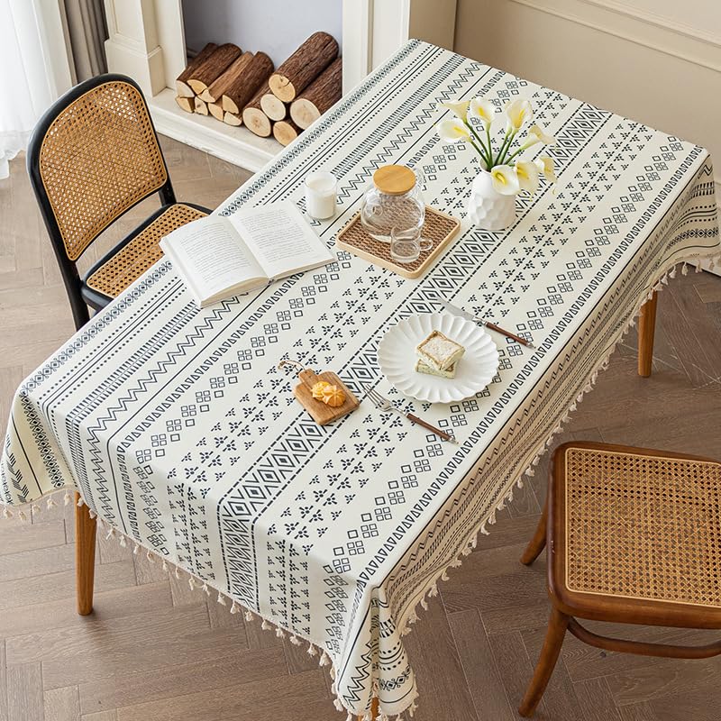Nappe rectangulaire en coton et lin noir style ethnique à pompons taille L