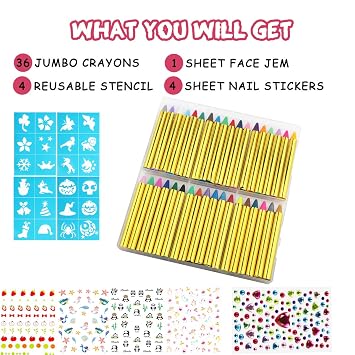 Bowitzki Face Paint Crayons 36 Jumbo Body Painting Marker Sticks Makeup Crayon Kit For Party Christmas Halloween with Face Painting Stencils Nail Sticker Jewels